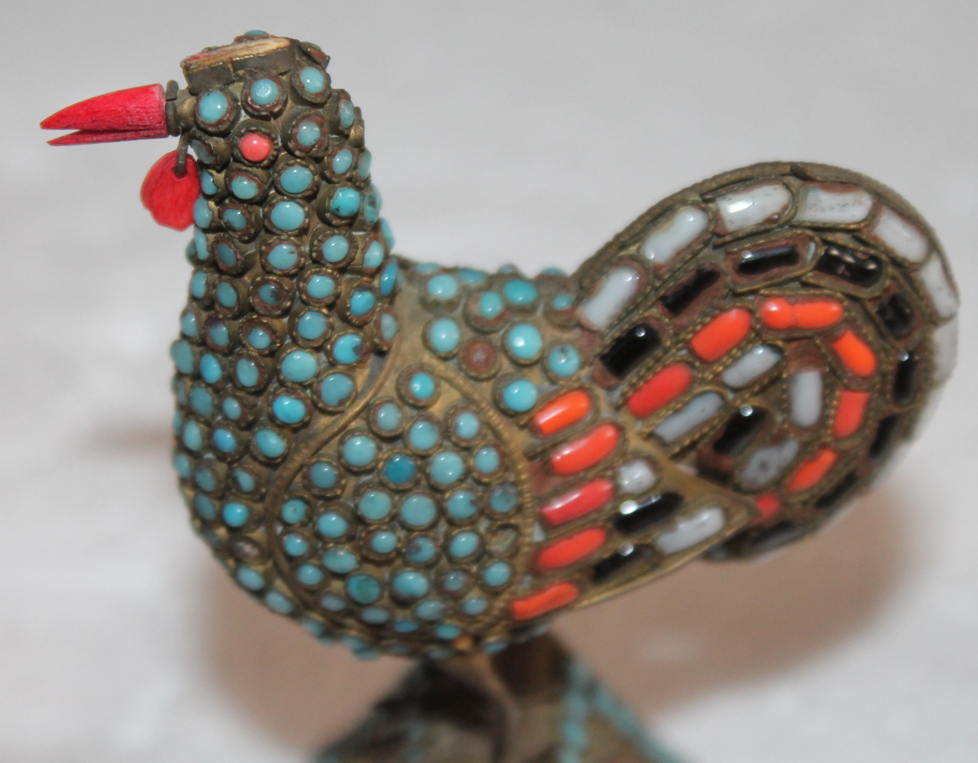 Brass 19th Century Handmade Bird with Inlaid Turquoise and Coral Stones For Sale