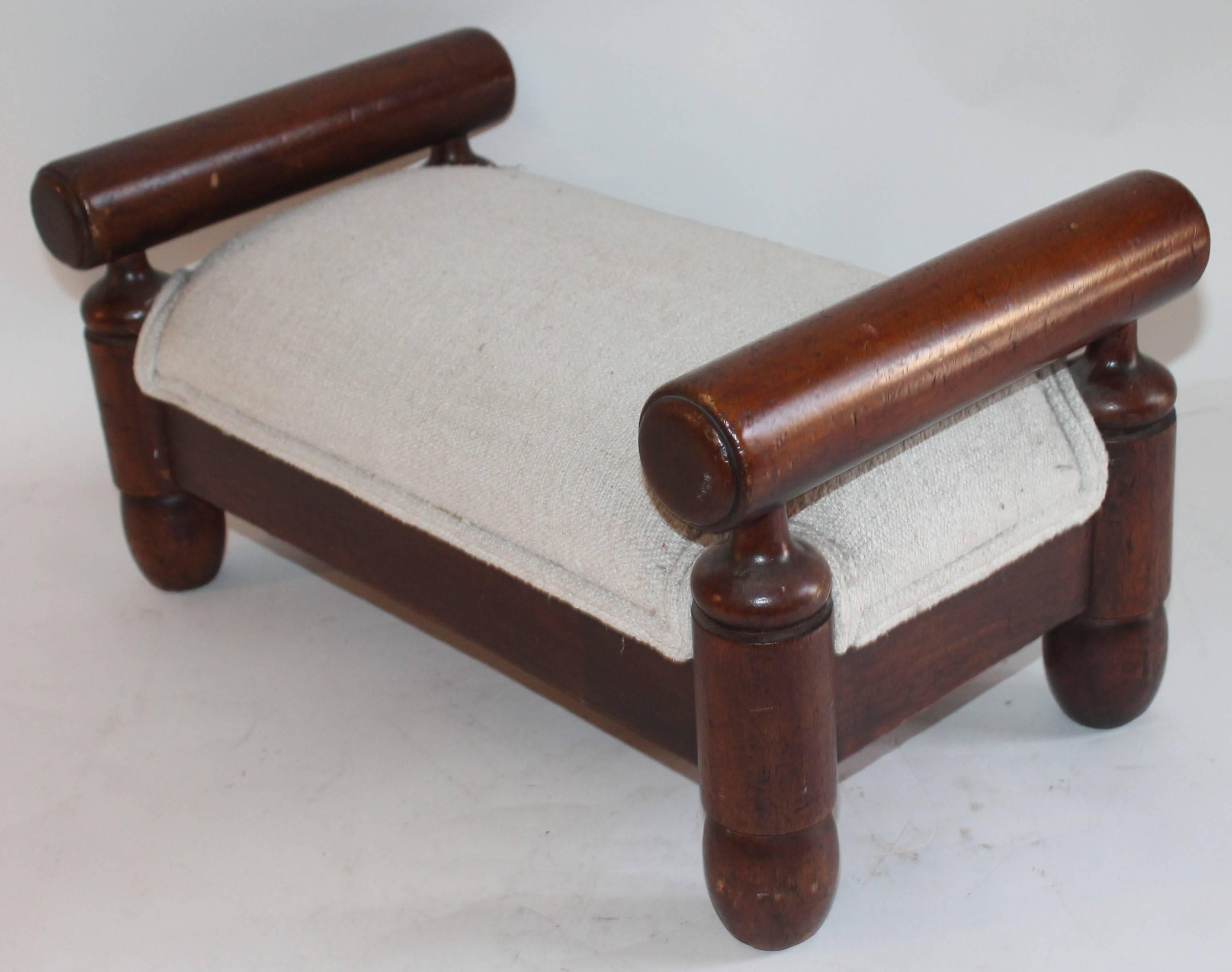 Country 19th Century Handmade Foot Stool with Homespun Upholstery