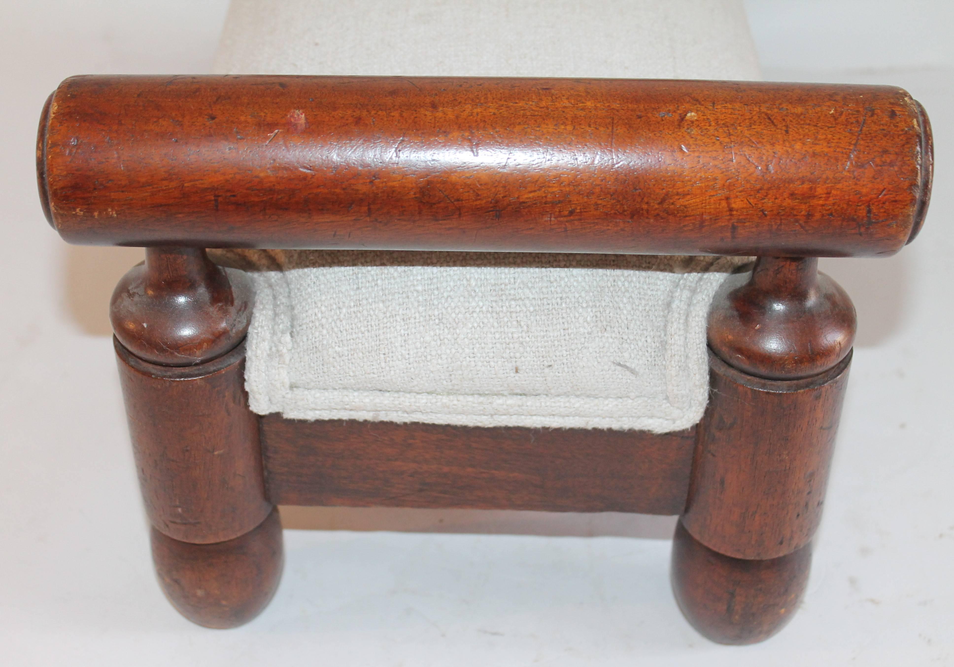 Wood 19th Century Handmade Foot Stool with Homespun Upholstery