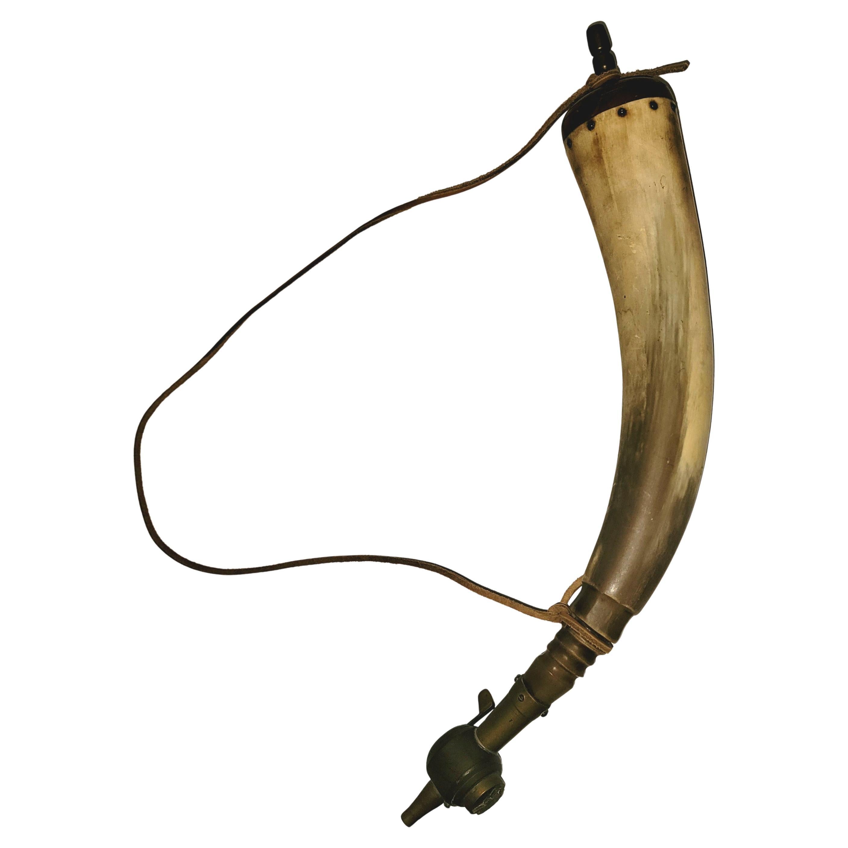 19Thc Hand Made Gun Powder Horn on Leather Strap For Sale