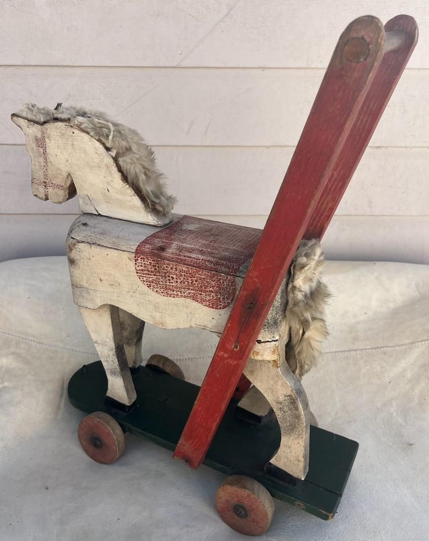 Folk Art 19thc Hand Made & Painted Pull Toy Horse For Sale