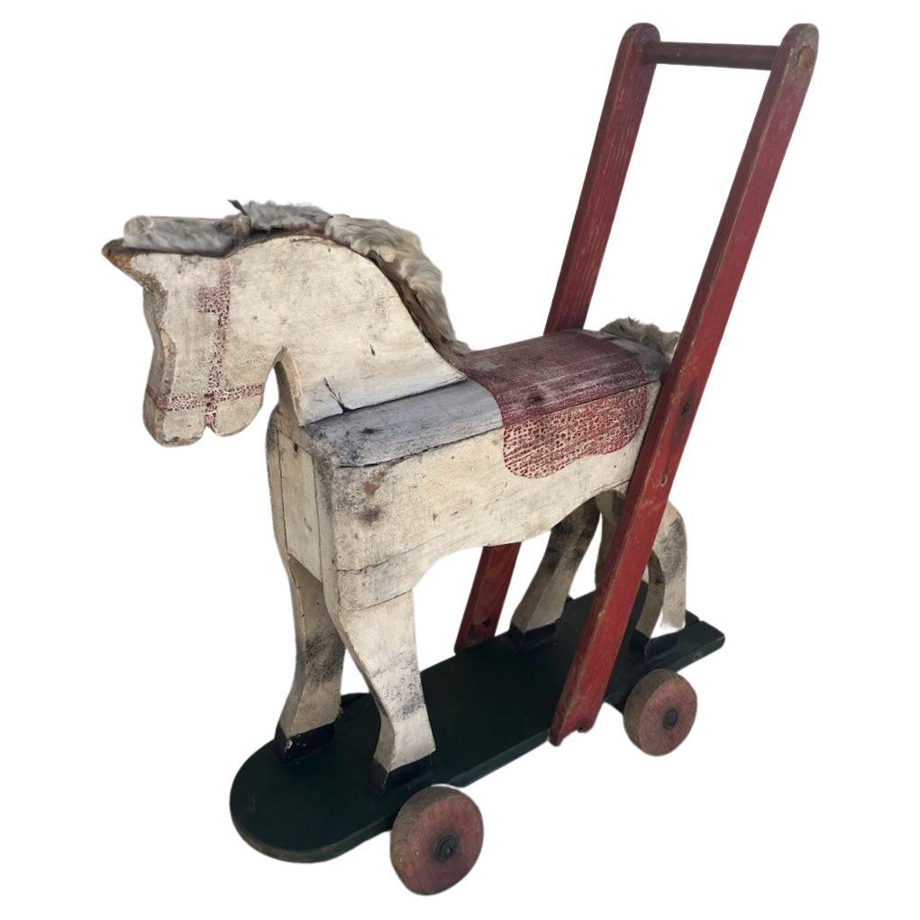 19thc Hand Made & Painted Pull Toy Horse For Sale