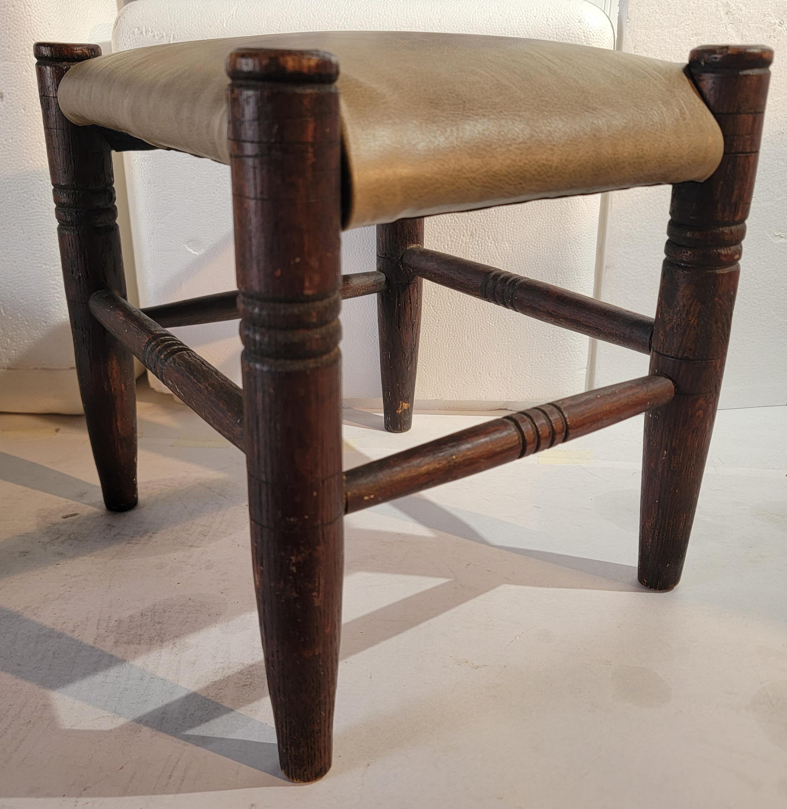 American 19Thc Hand Made Stool With Leather Seat For Sale