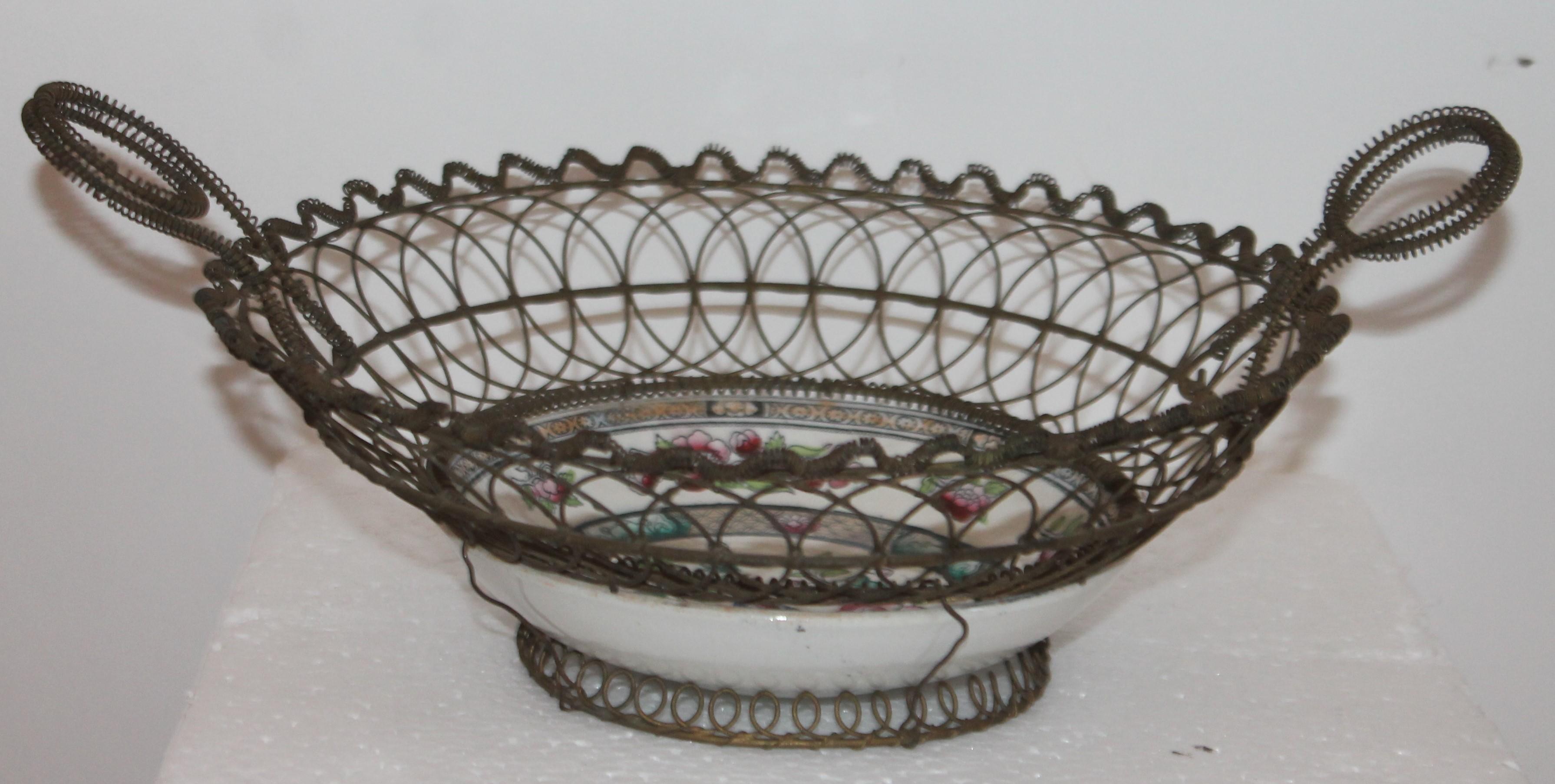 Folk Art 19th Century Handmade Wire Basket from 1870 with a Bowl Inset