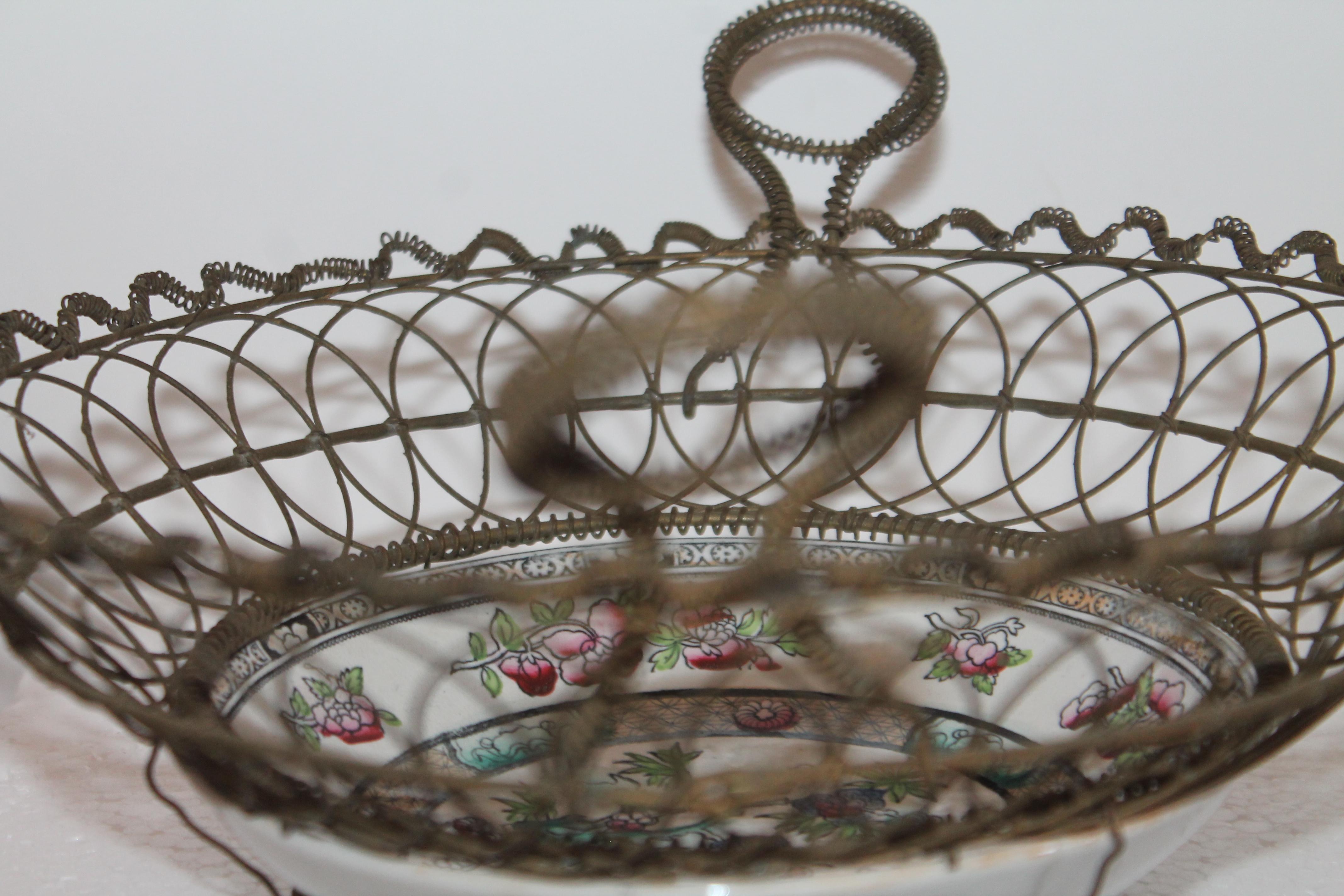 Hand-Crafted 19th Century Handmade Wire Basket from 1870 with a Bowl Inset