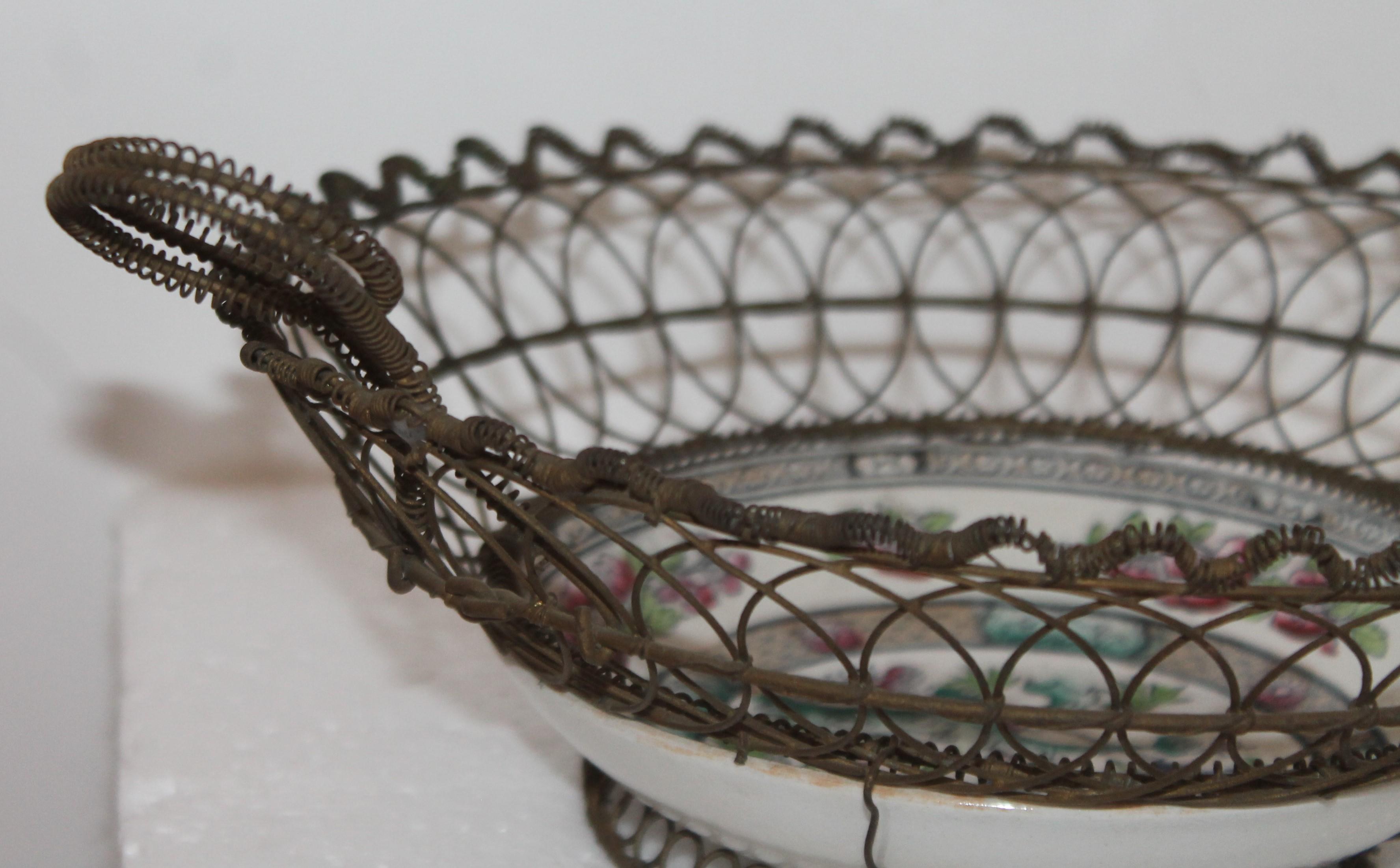 19th Century Handmade Wire Basket from 1870 with a Bowl Inset In Good Condition In Los Angeles, CA