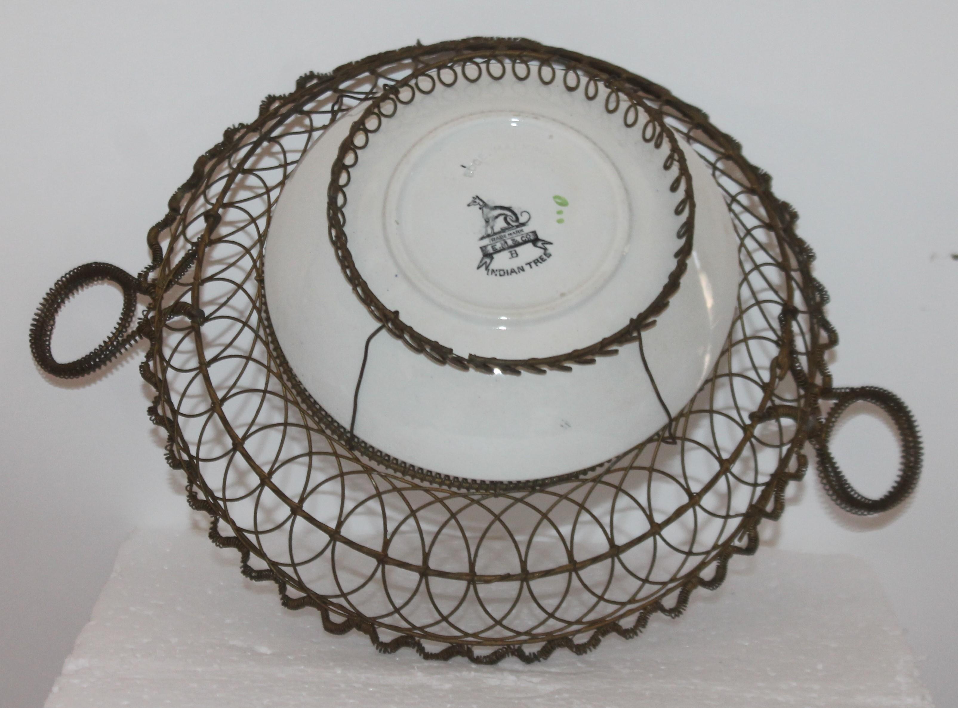 Porcelain 19th Century Handmade Wire Basket from 1870 with a Bowl Inset