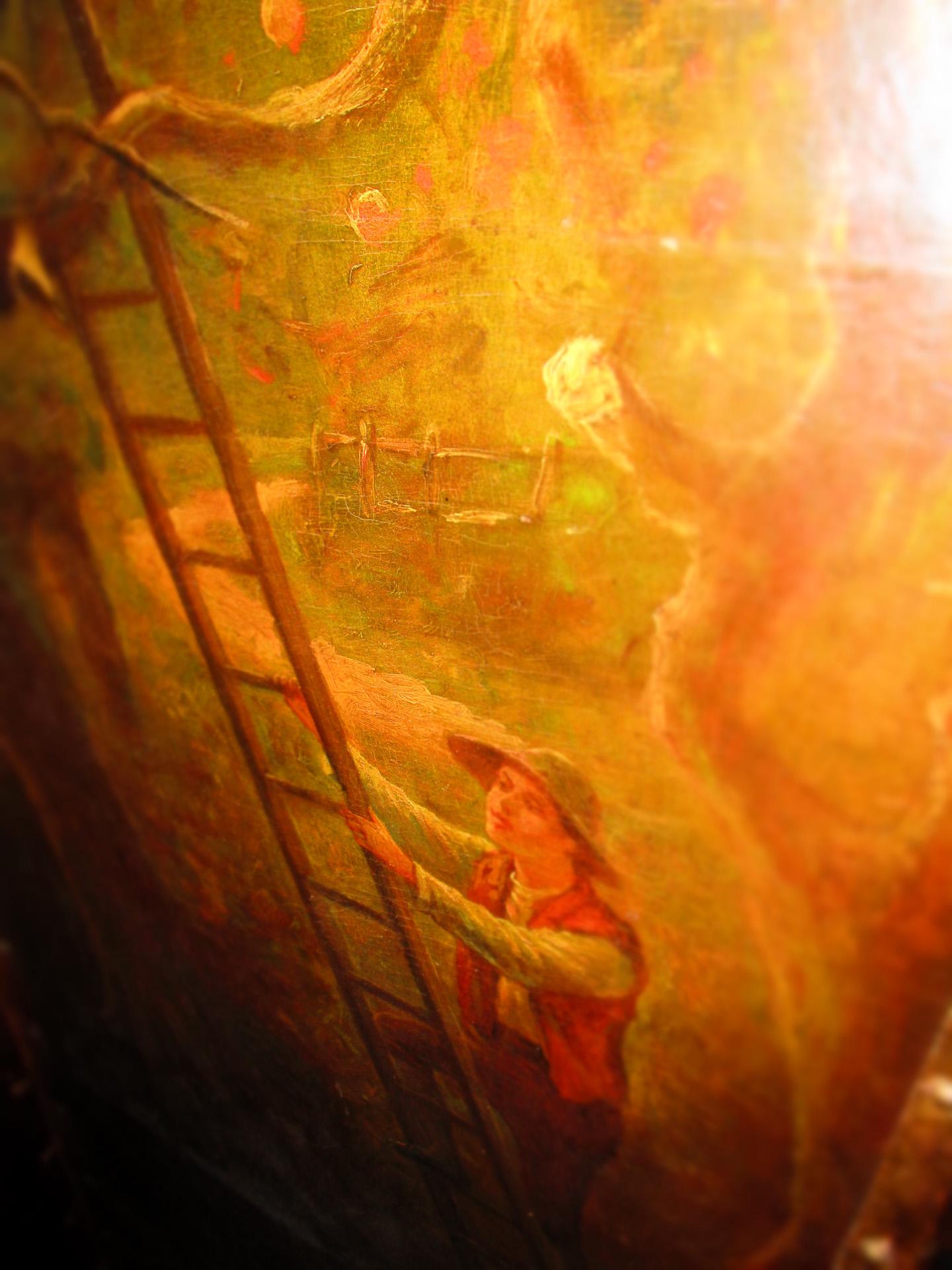 Écran 4 panneaux en cuir peint à la main Orchard Scene (scène de verger) fait pour I. B. Altman NY 4