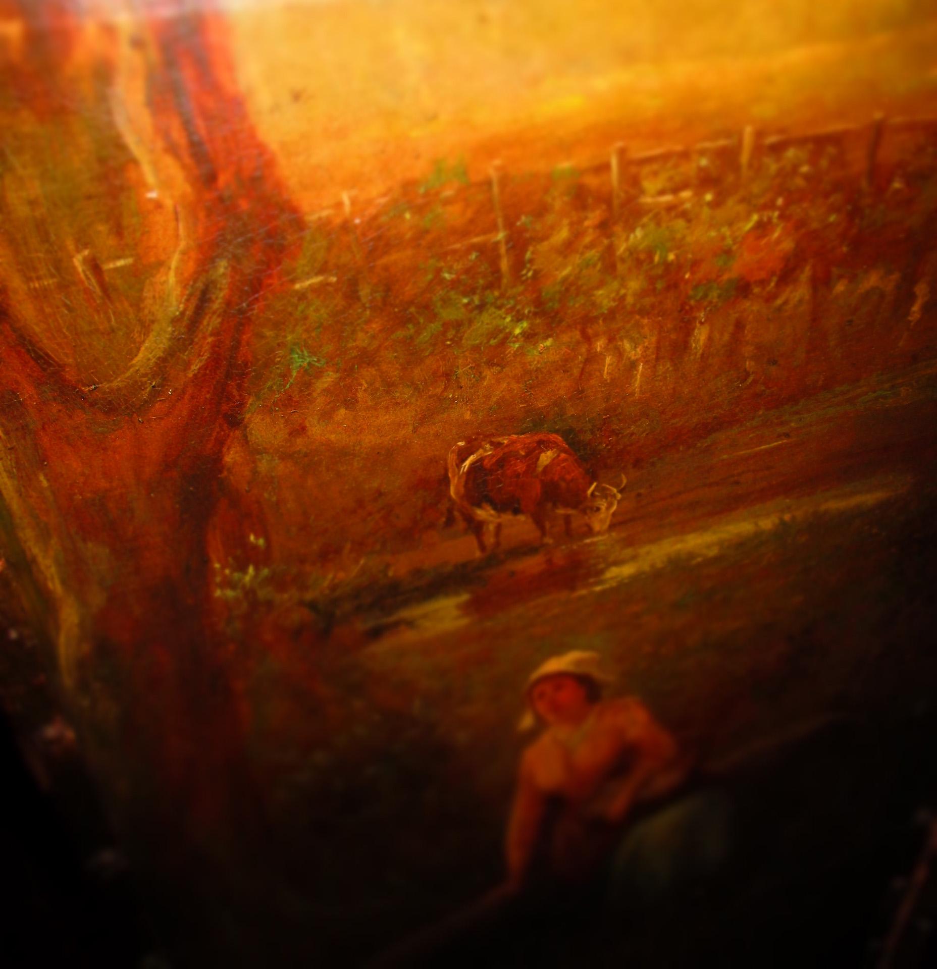 Écran 4 panneaux en cuir peint à la main Orchard Scene (scène de verger) fait pour I. B. Altman NY 9