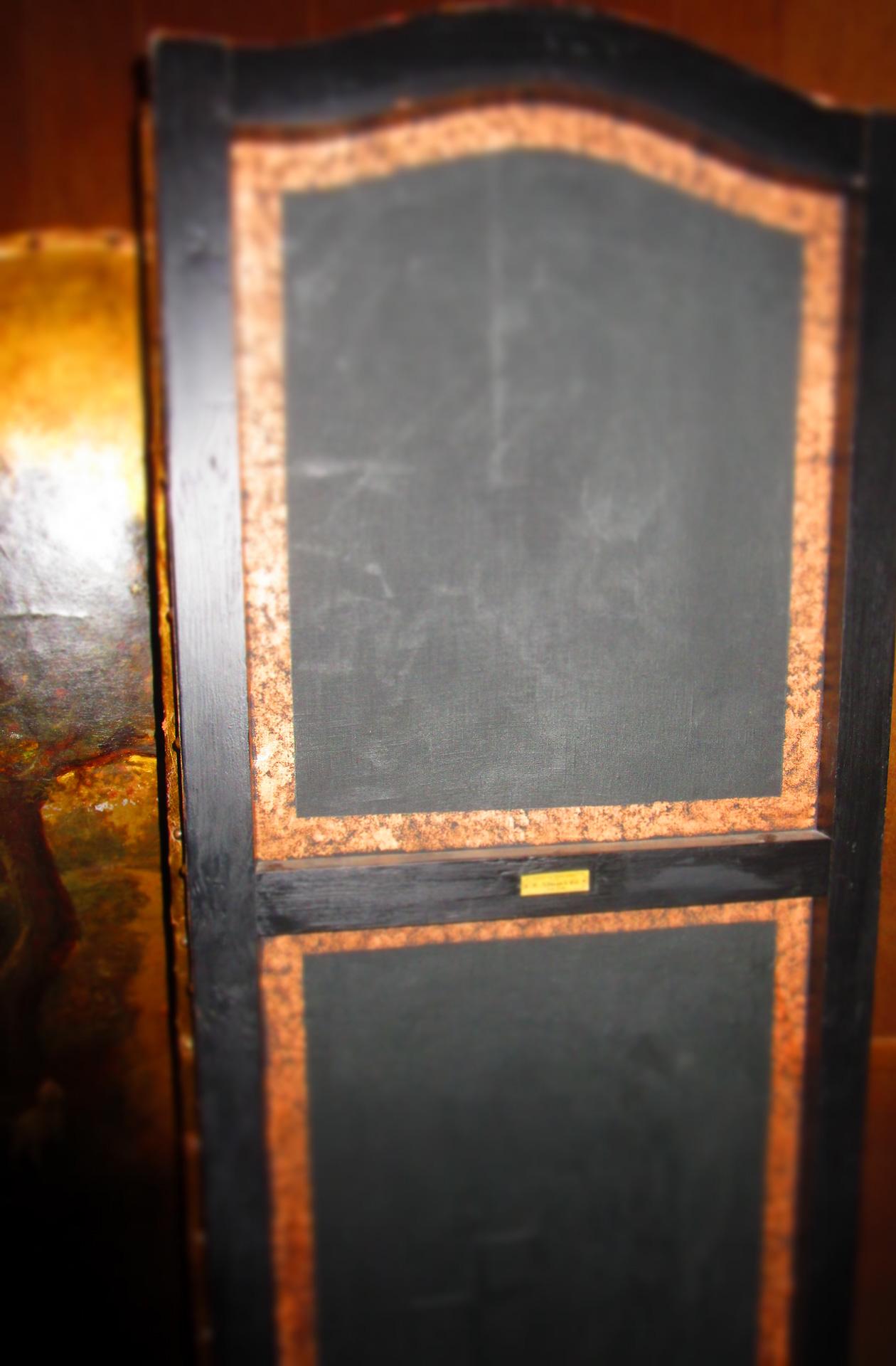 Écran 4 panneaux en cuir peint à la main Orchard Scene (scène de verger) fait pour I. B. Altman NY 10