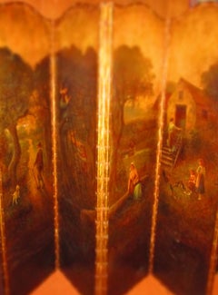 English Hand Painted Leather 4 Panel Screen Orchard Scene made for B. Altman NY