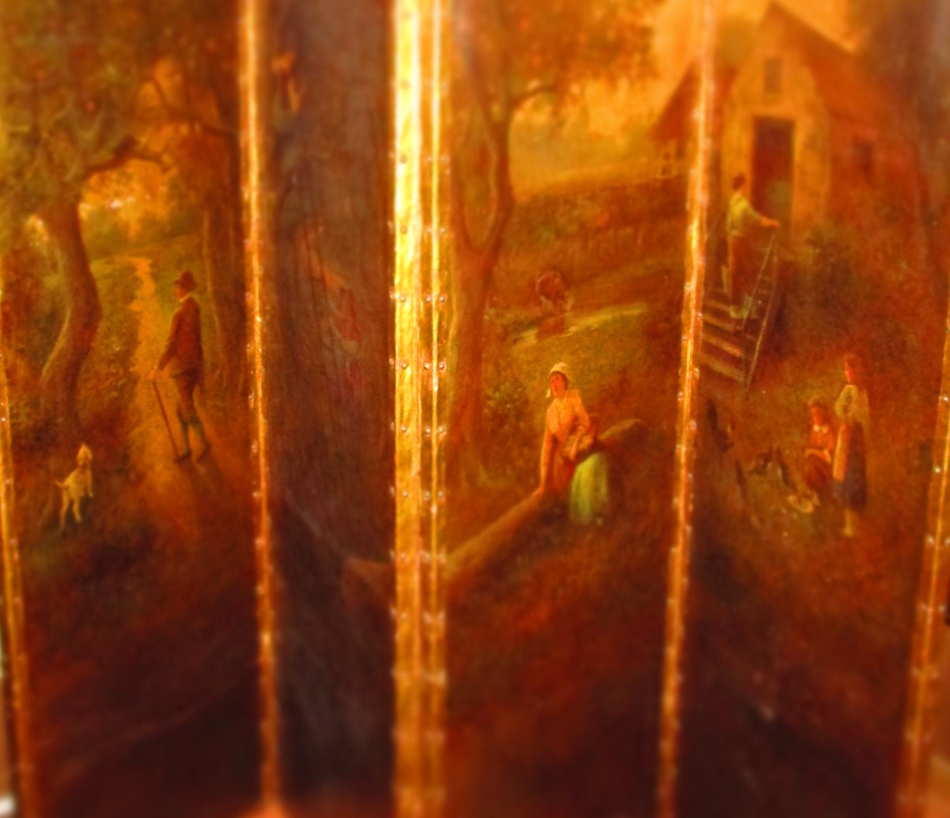 Victorien tardif Écran 4 panneaux en cuir peint à la main Orchard Scene (scène de verger) fait pour I. B. Altman NY