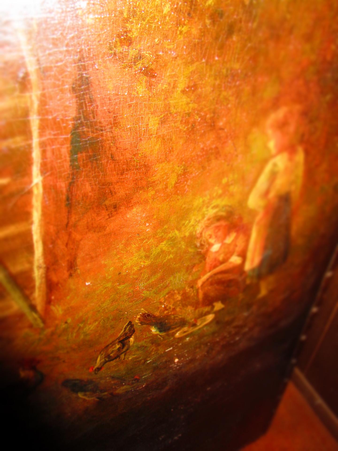 Écran 4 panneaux en cuir peint à la main Orchard Scene (scène de verger) fait pour I. B. Altman NY 1
