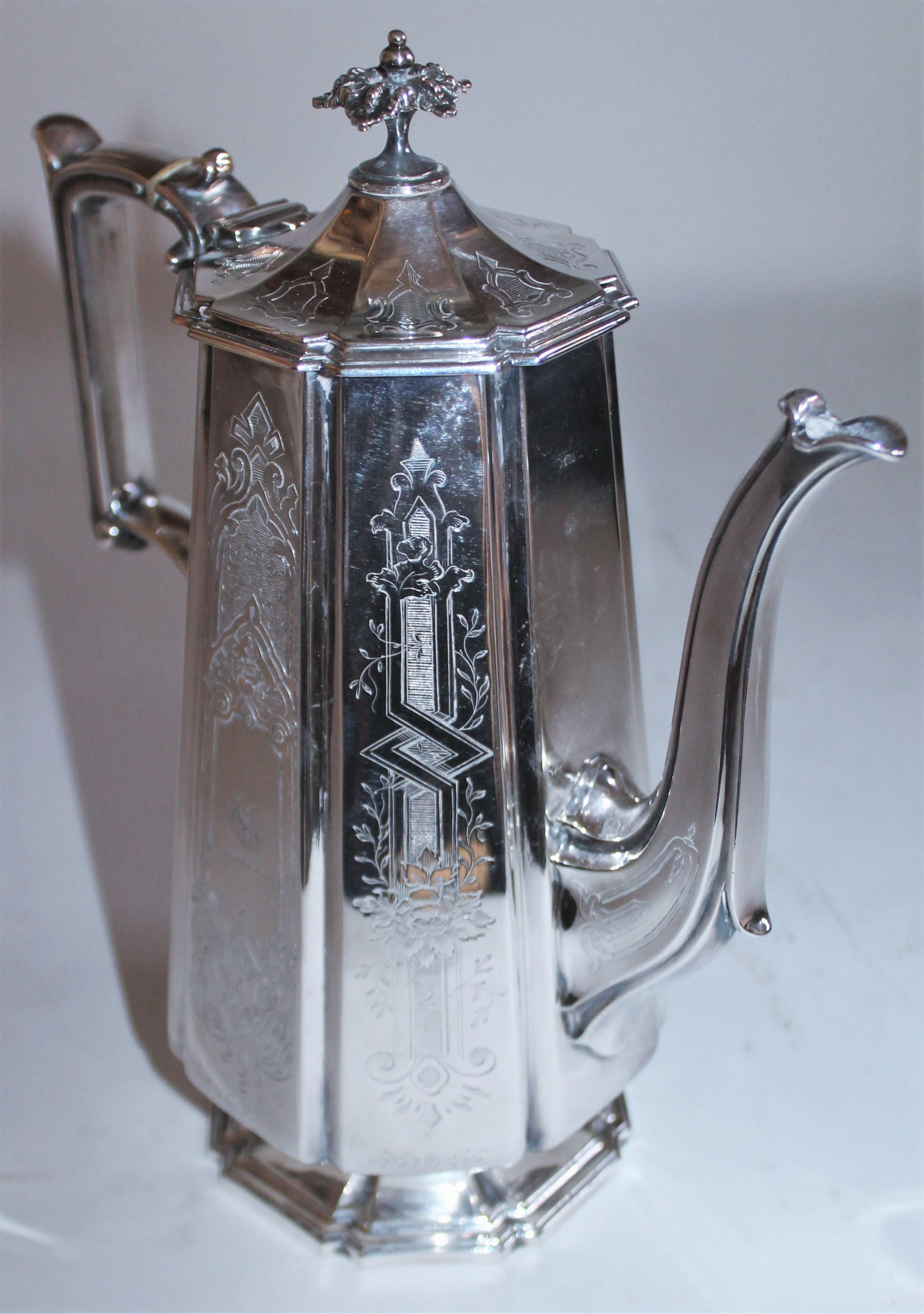 This fine handcrafted coffee pot is in fine condition with detailed hall marks on the bottom and fine lines. The condition is mint.
Elkington & Co electroplate with Elkington’s own date code for 1800s.

Letter 
