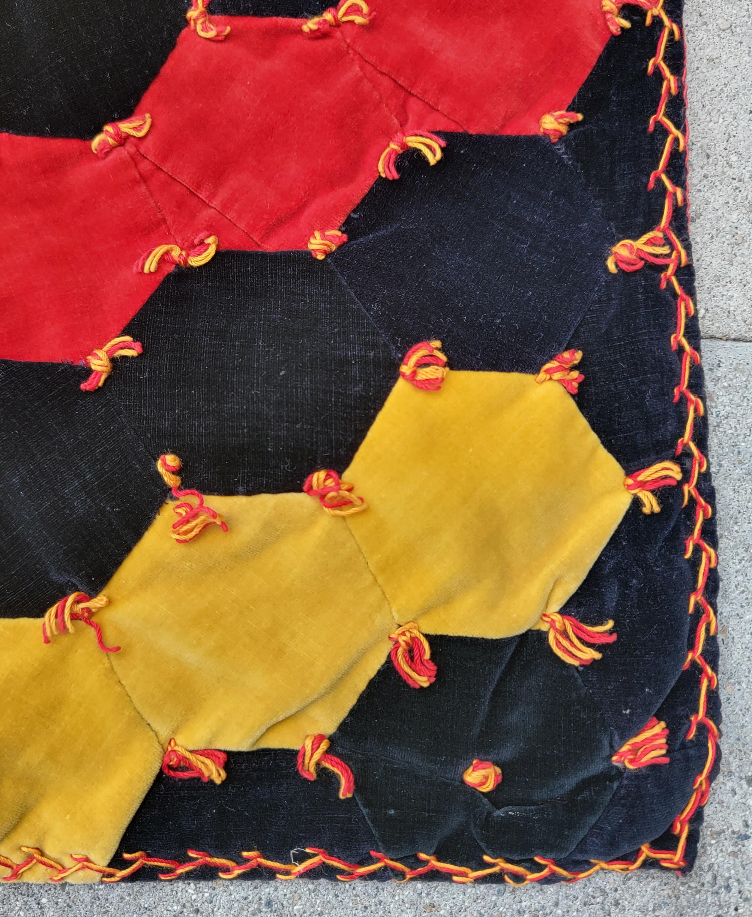 Hand-Crafted 19thc Hexagon Velvet Quilt For Sale