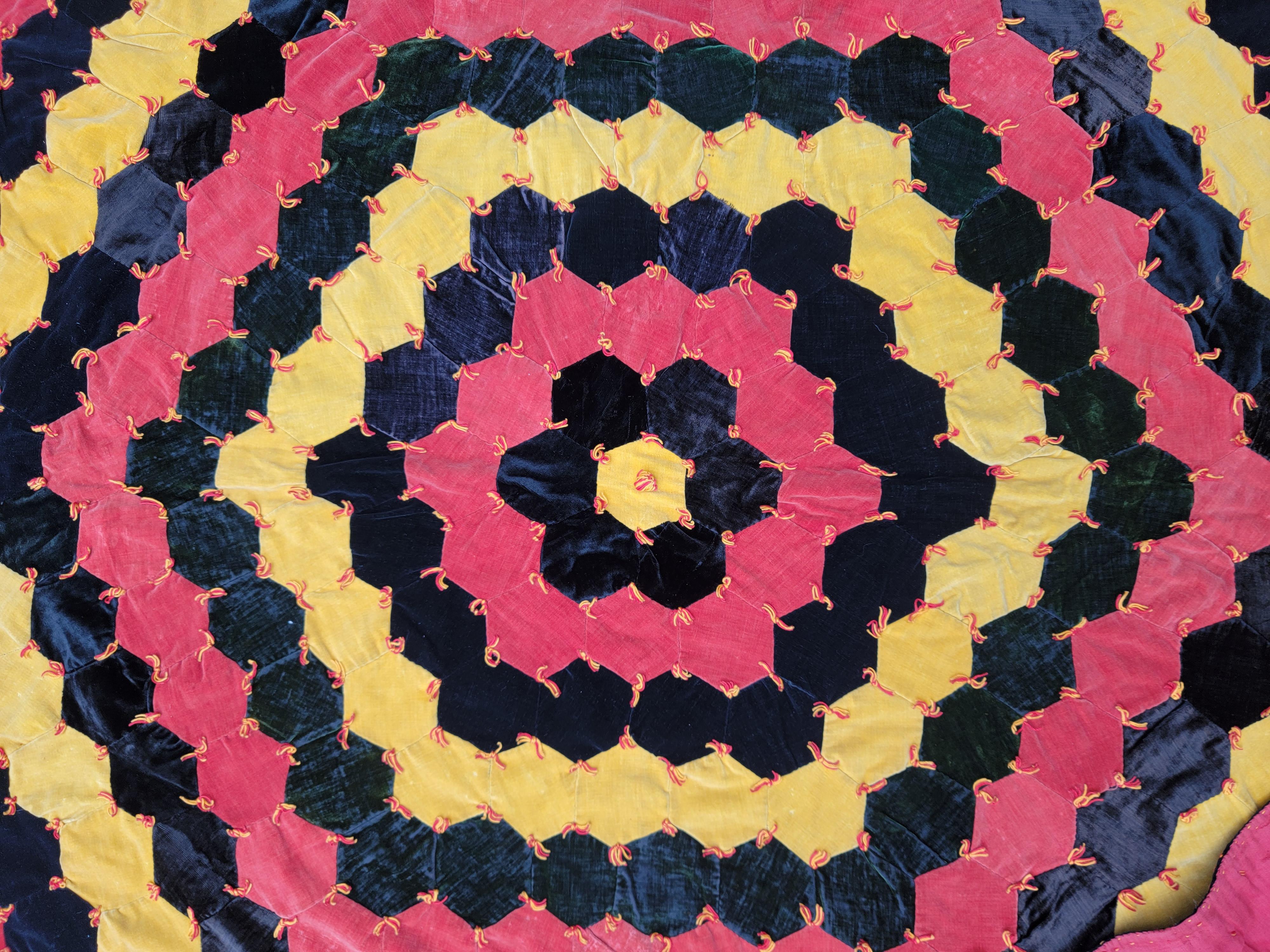 20th Century 19thc Hexagon Velvet Quilt For Sale