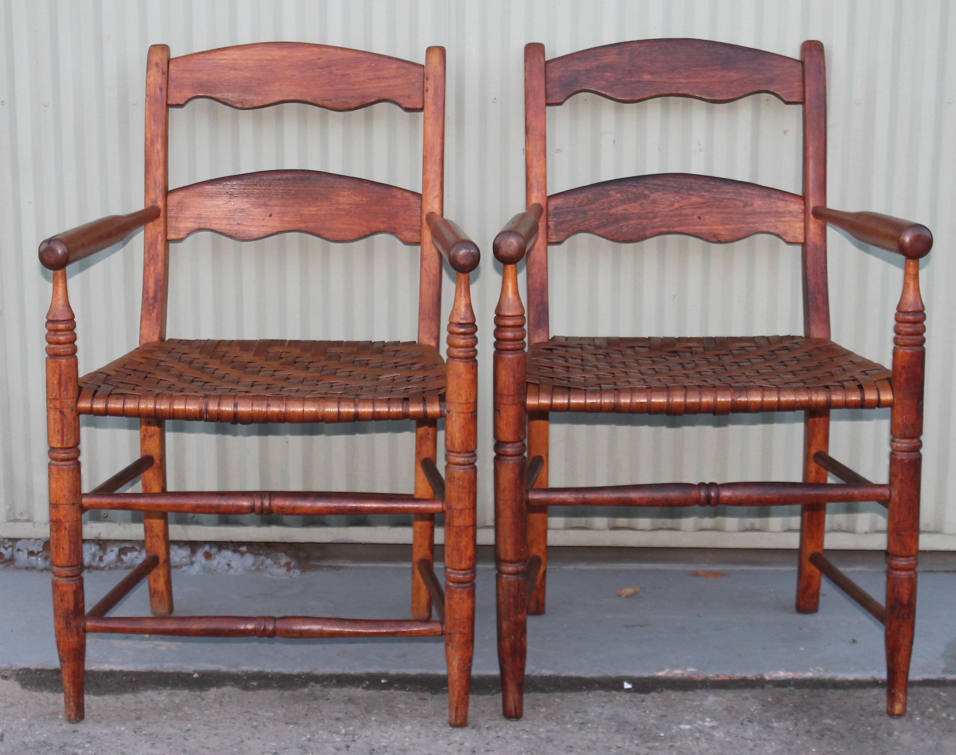 Hand-Crafted 19th Century Hickory Chairs with Original Rush Seats, Pair