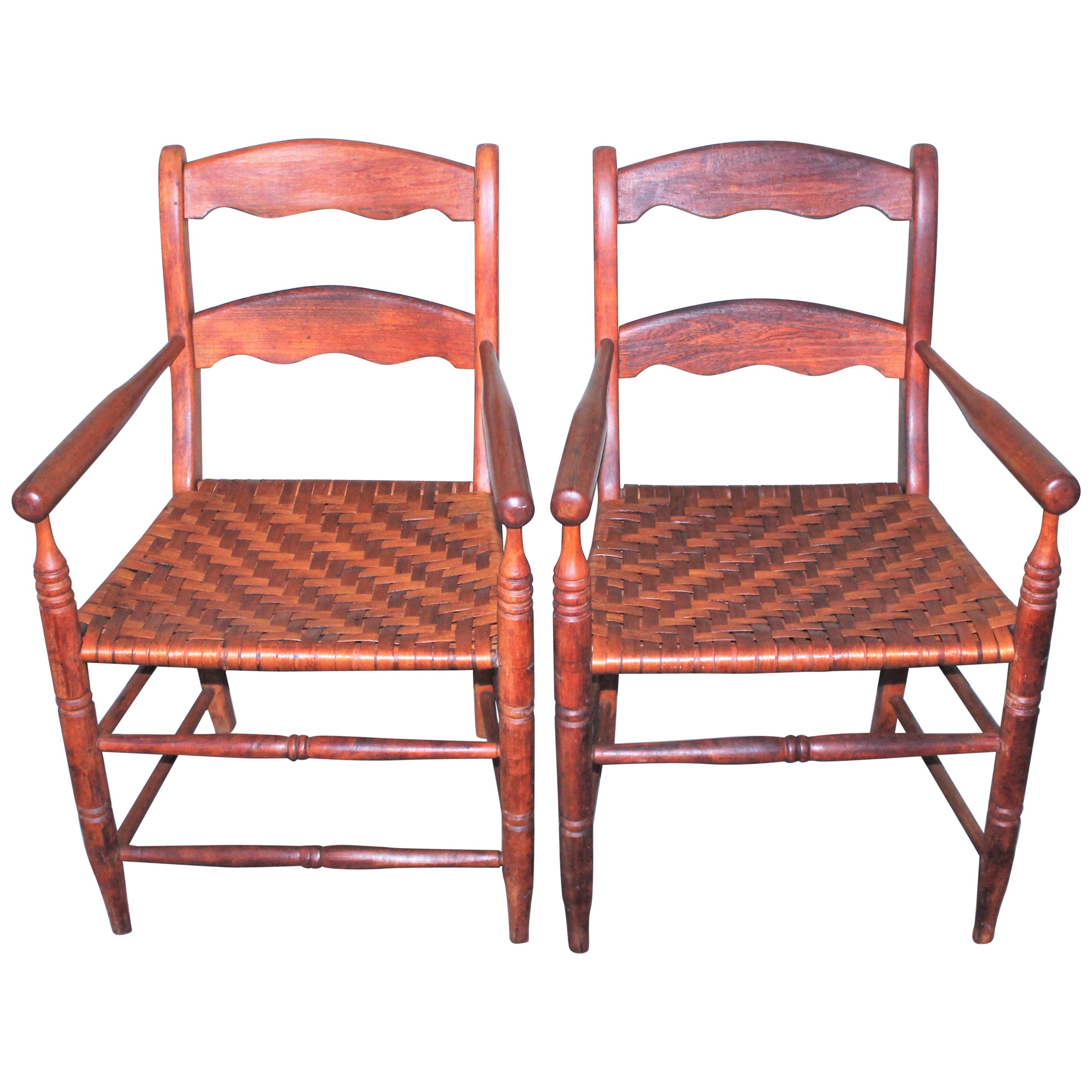 19th Century Hickory Chairs with Original Rush Seats, Pair