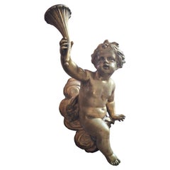 19thc Huge Heavy French Louis XV Gilt Bronze Cherub Wall Sconce / Candle
