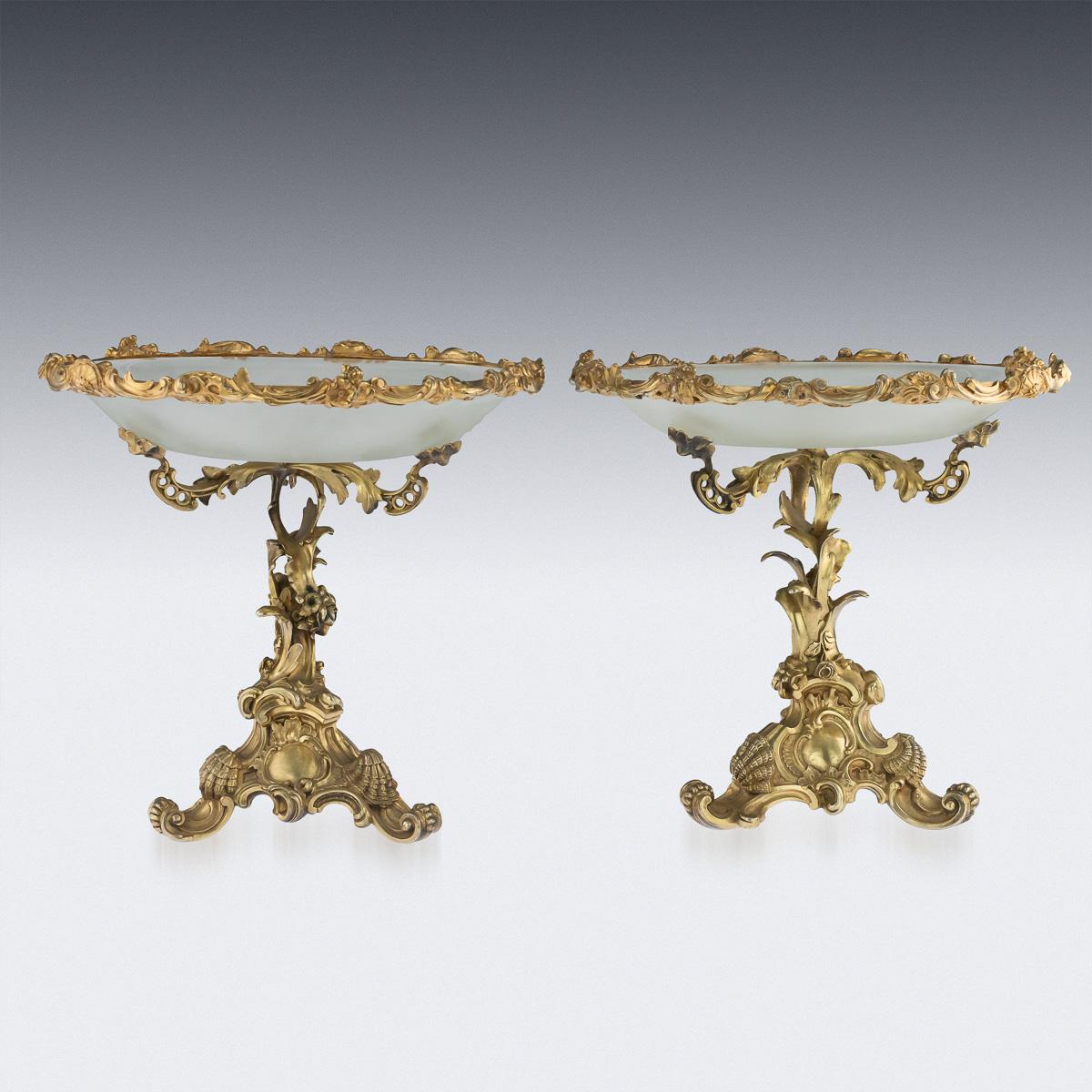 Antique 19th century imperial Russian solid silver gilt pair of tazza, of very elaborate design, cast with scrolls, shells and flowers in a French Rococo taste, mounted with a frosted glass dishes. Hallmarked Russian silver 84 (875 standard),