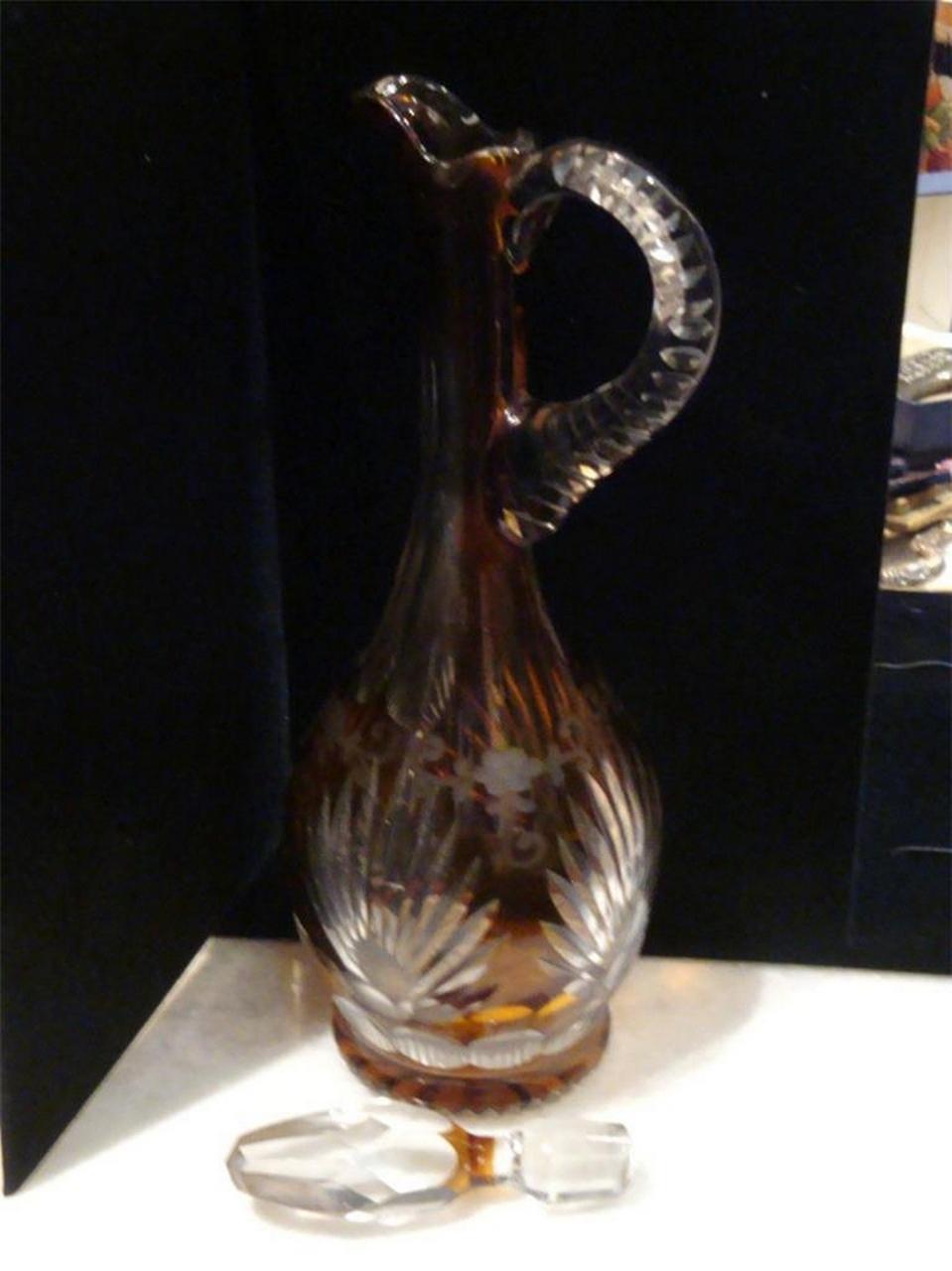 The Following Item we are offering is a Rare Estate 19th Century Baccarat Style Cut Glass Amber Colored Glass Decanter with Etched Floral and Stenciled Detail. Original Retail $4500. TAKEN OUT OF A GRAND NEW YORK CITY COLLECTION.  A Real