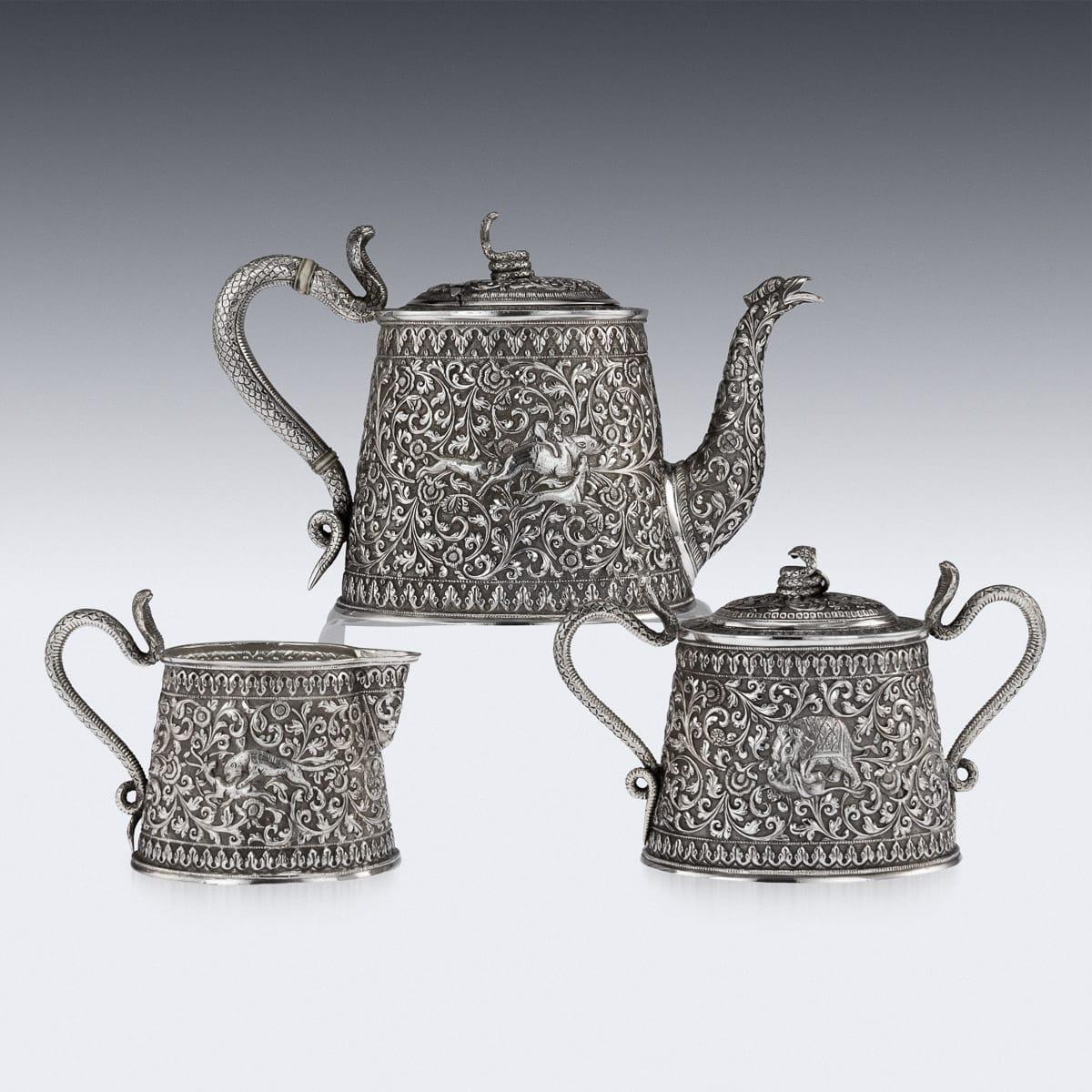 19th Century Indian Cutch Solid Silver 3 Piece Hunting Scenes Tea Set circa 1890 In Good Condition In Royal Tunbridge Wells, Kent