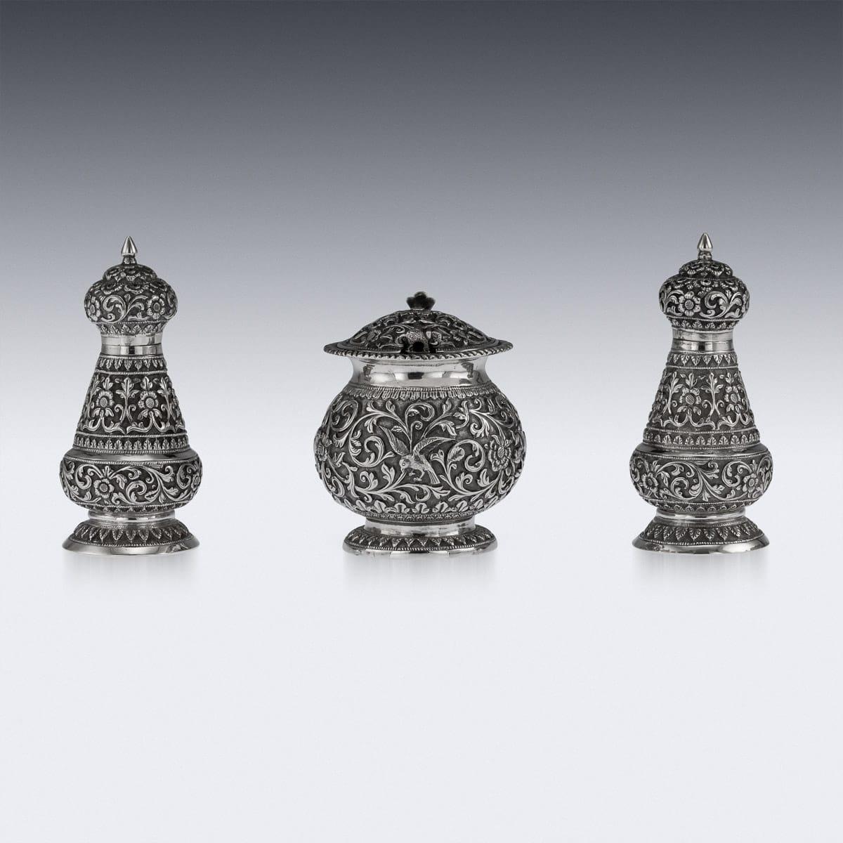 19th Century Indian Cutch Solid Silver Condiment Set, Oomersi Mawji, circa 1890 1