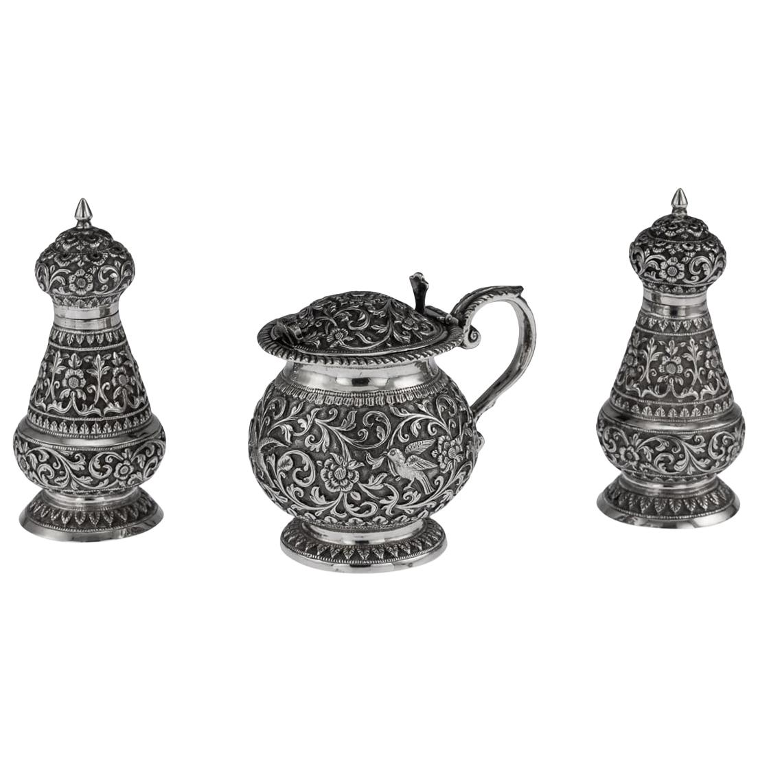 19th Century Indian Cutch Solid Silver Condiment Set, Oomersi Mawji, circa 1890
