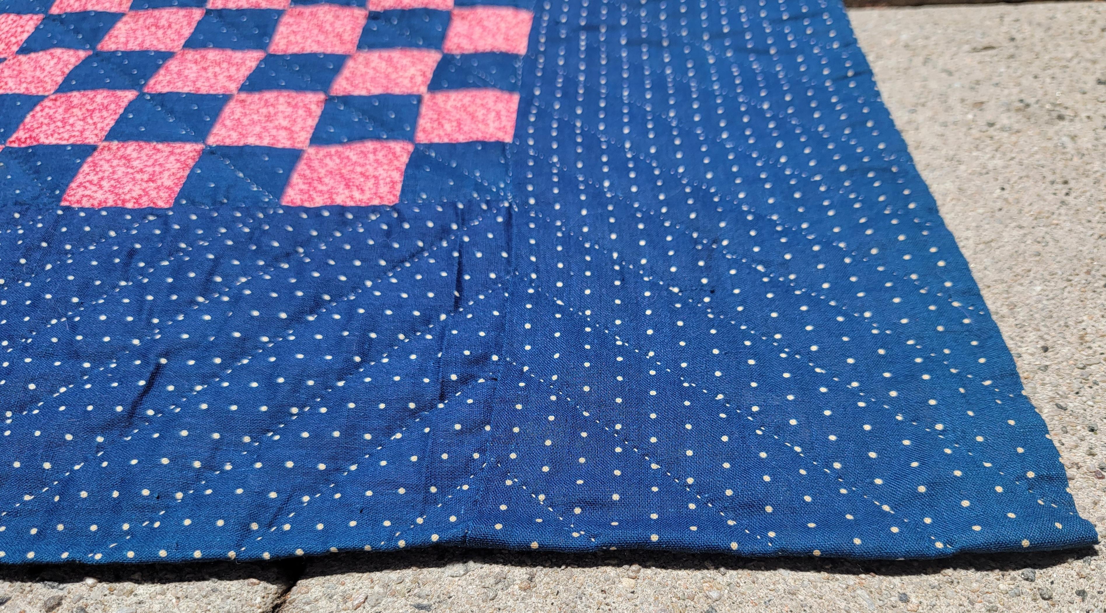American 19Thc Indigo Blue Irish Chain Quilt on a Red Calico Ground For Sale