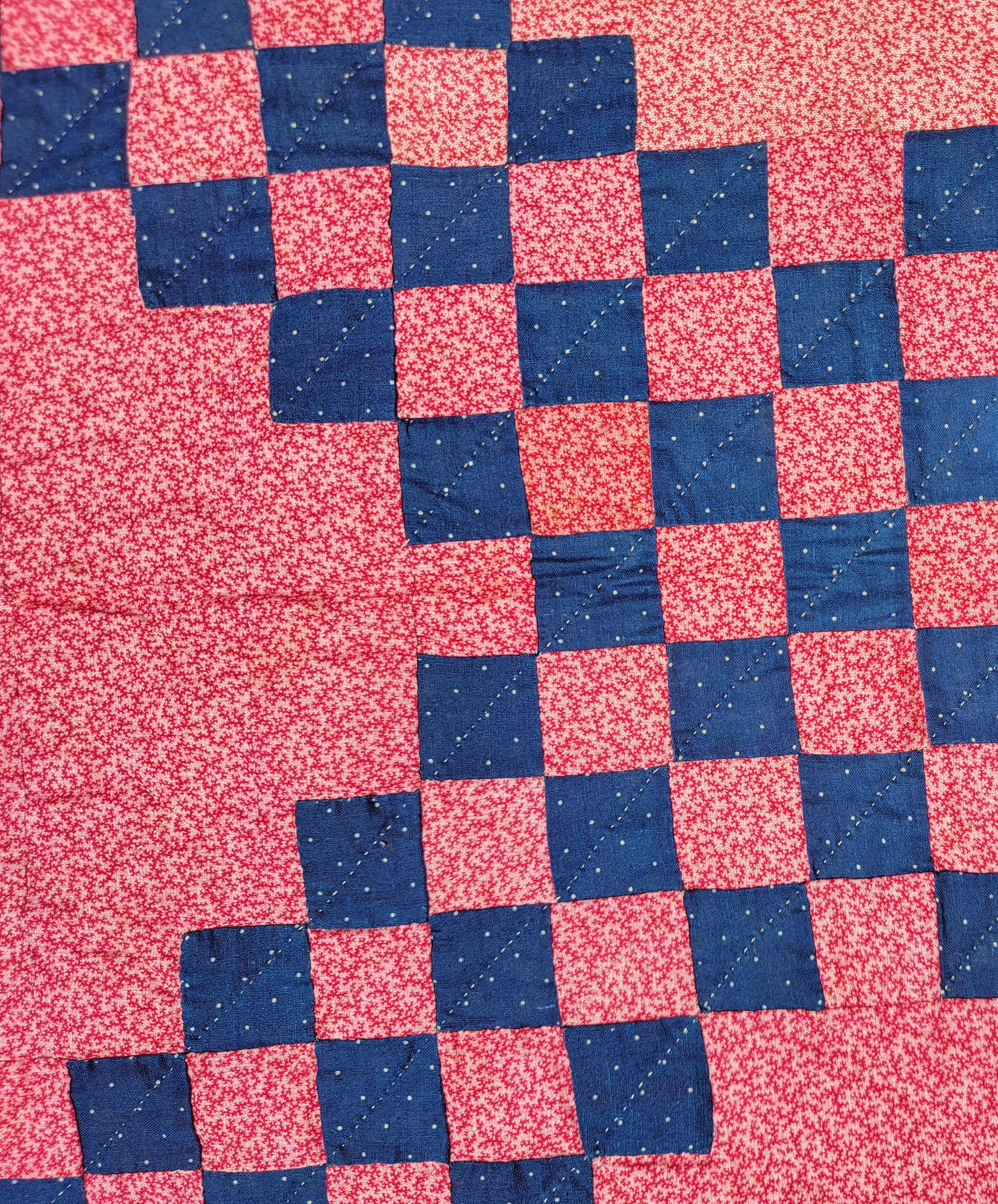 Hand-Crafted 19Thc Indigo Blue Irish Chain Quilt on a Red Calico Ground For Sale