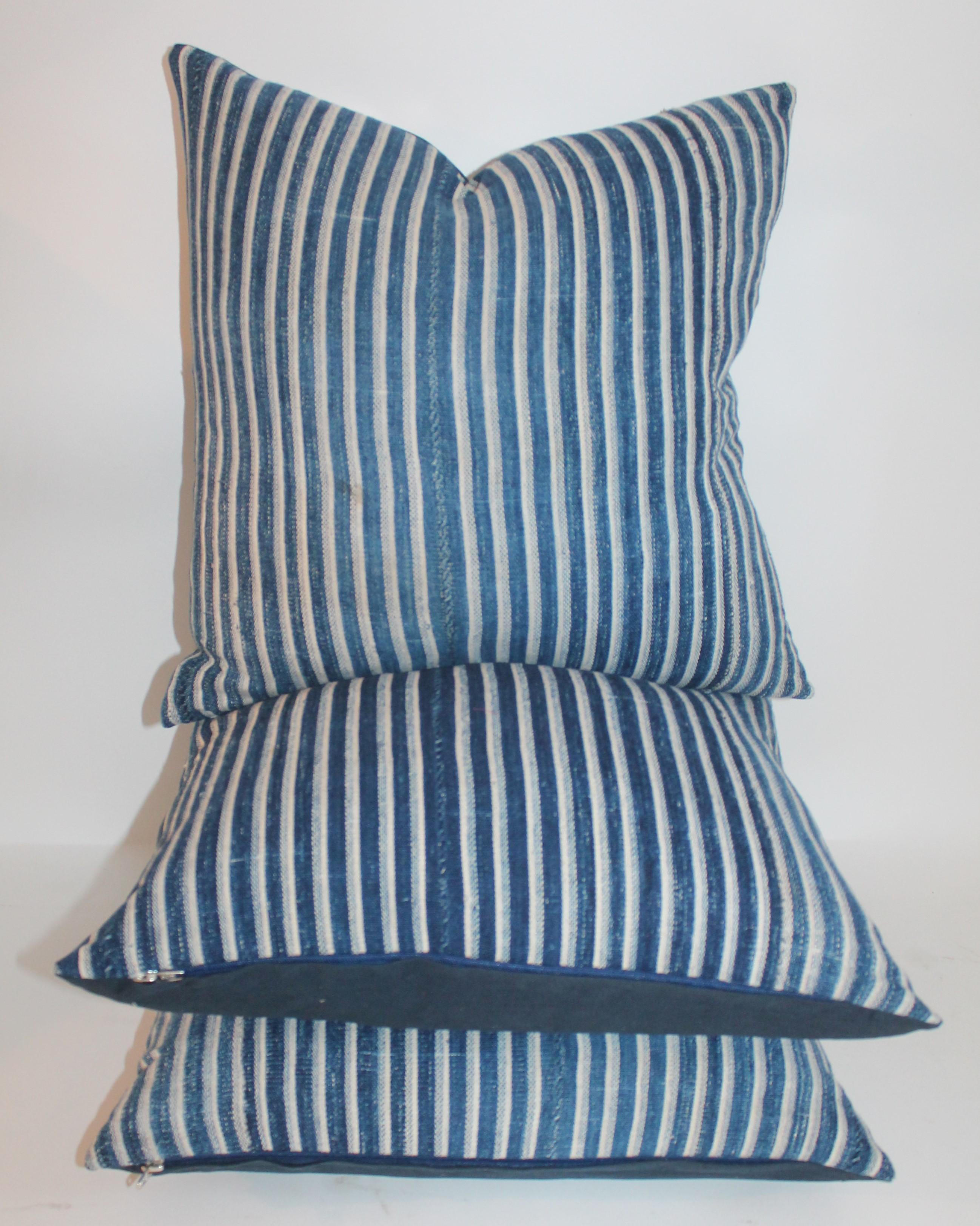Country Indigo Blue and White Striped Linen Pillows