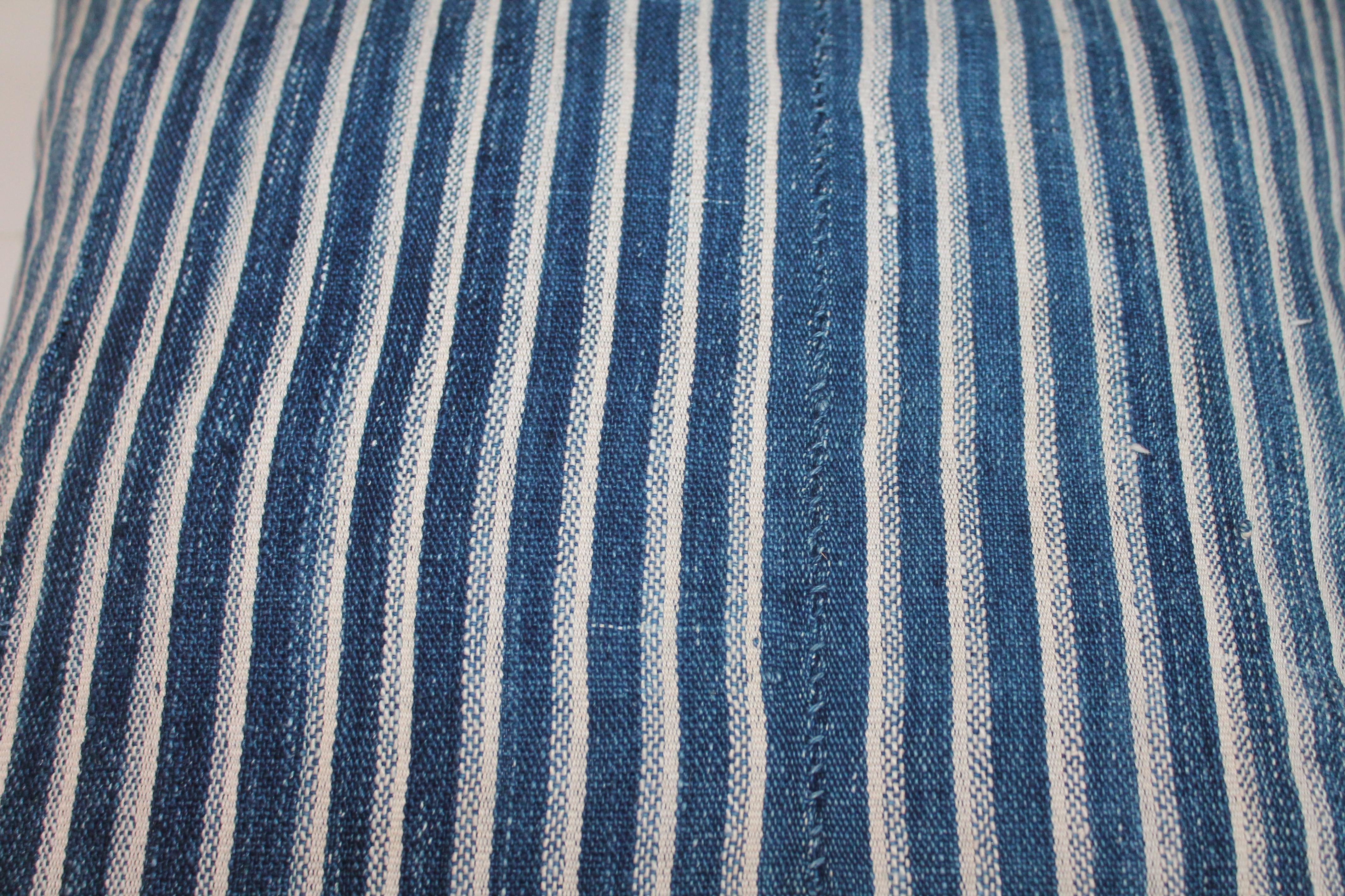 Hand-Crafted Indigo Blue and White Striped Linen Pillows