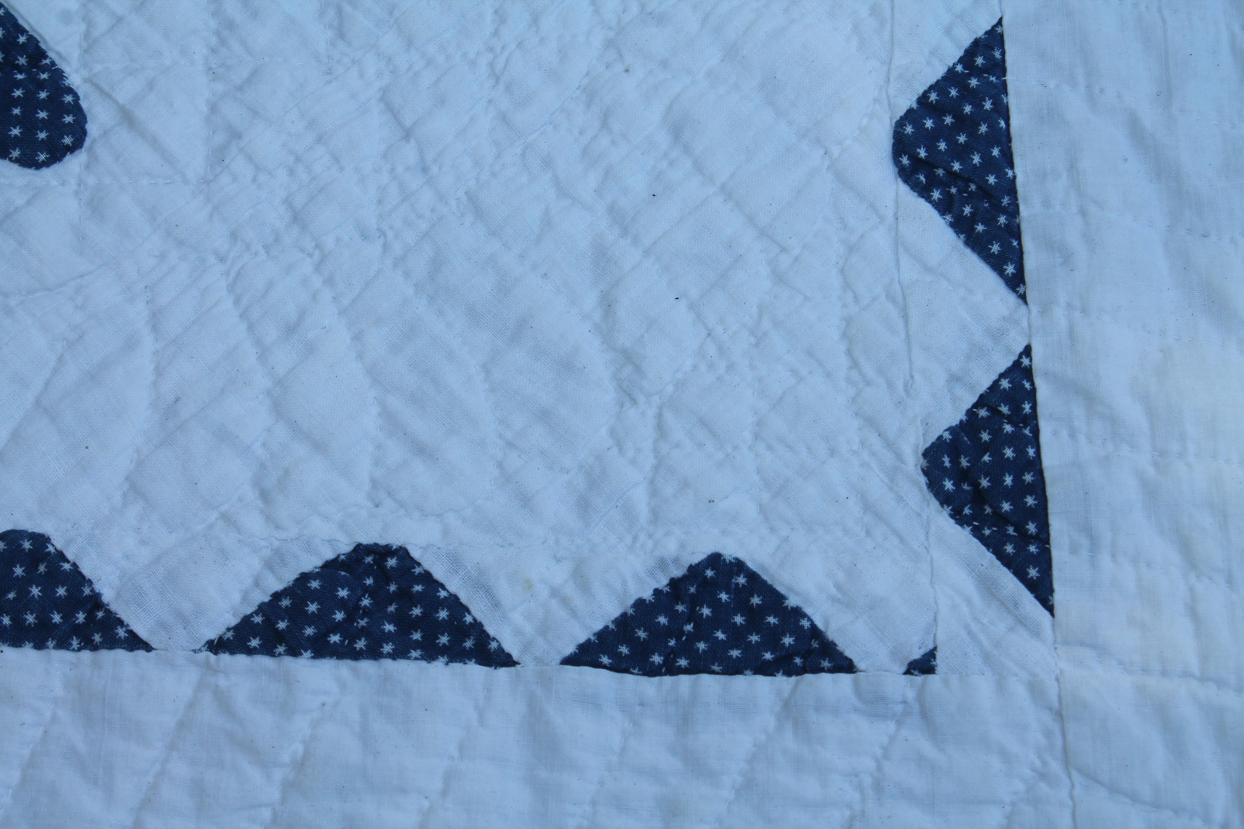 American 19thC Indigo & White Geometric Leaf Quilt For Sale