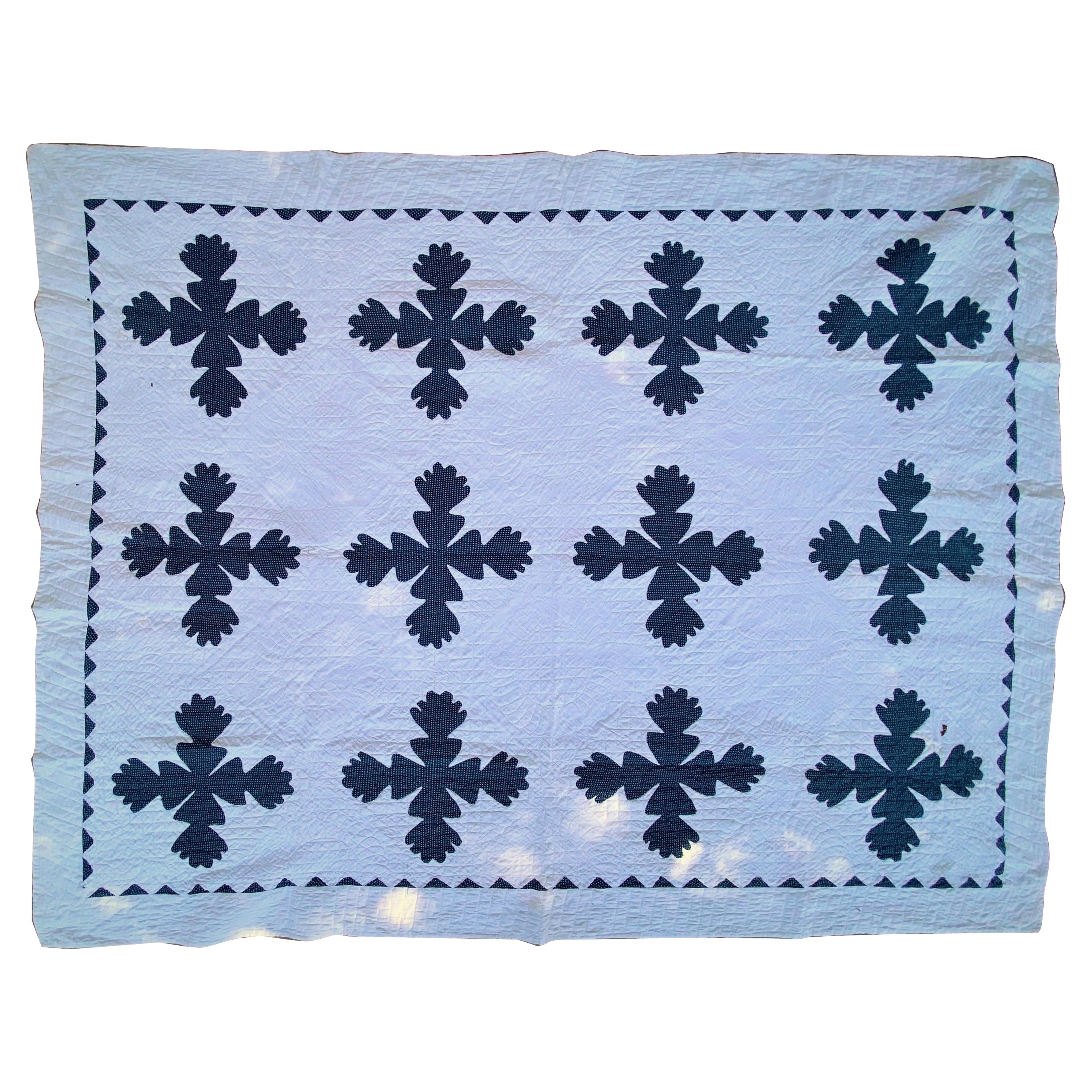 19. Jahrhundert Indigo & Weiß Geometrische Blatt Steppdecke