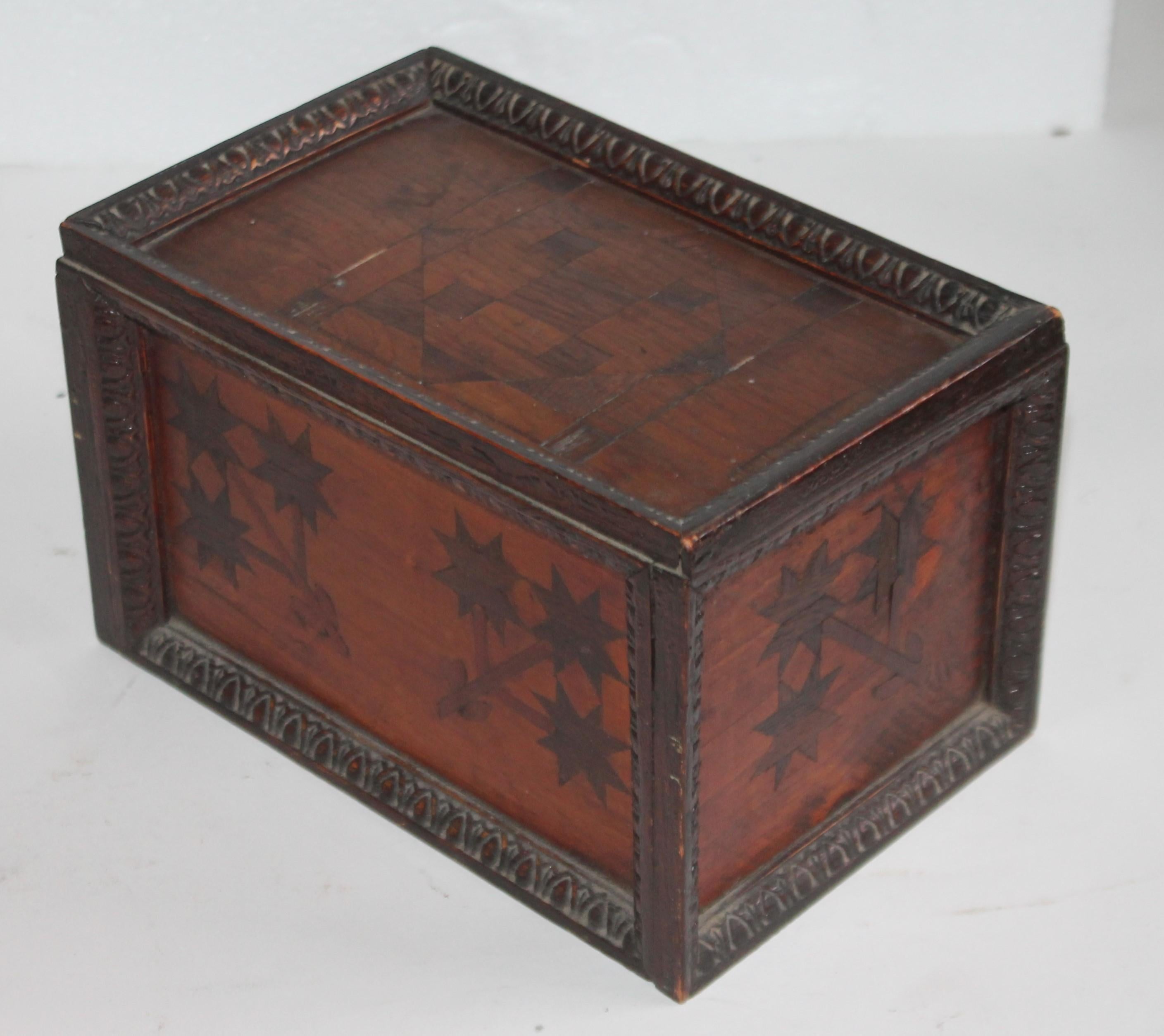 Folk Art 19th Century Inlaid Gaming Pieces Box with Slide Top