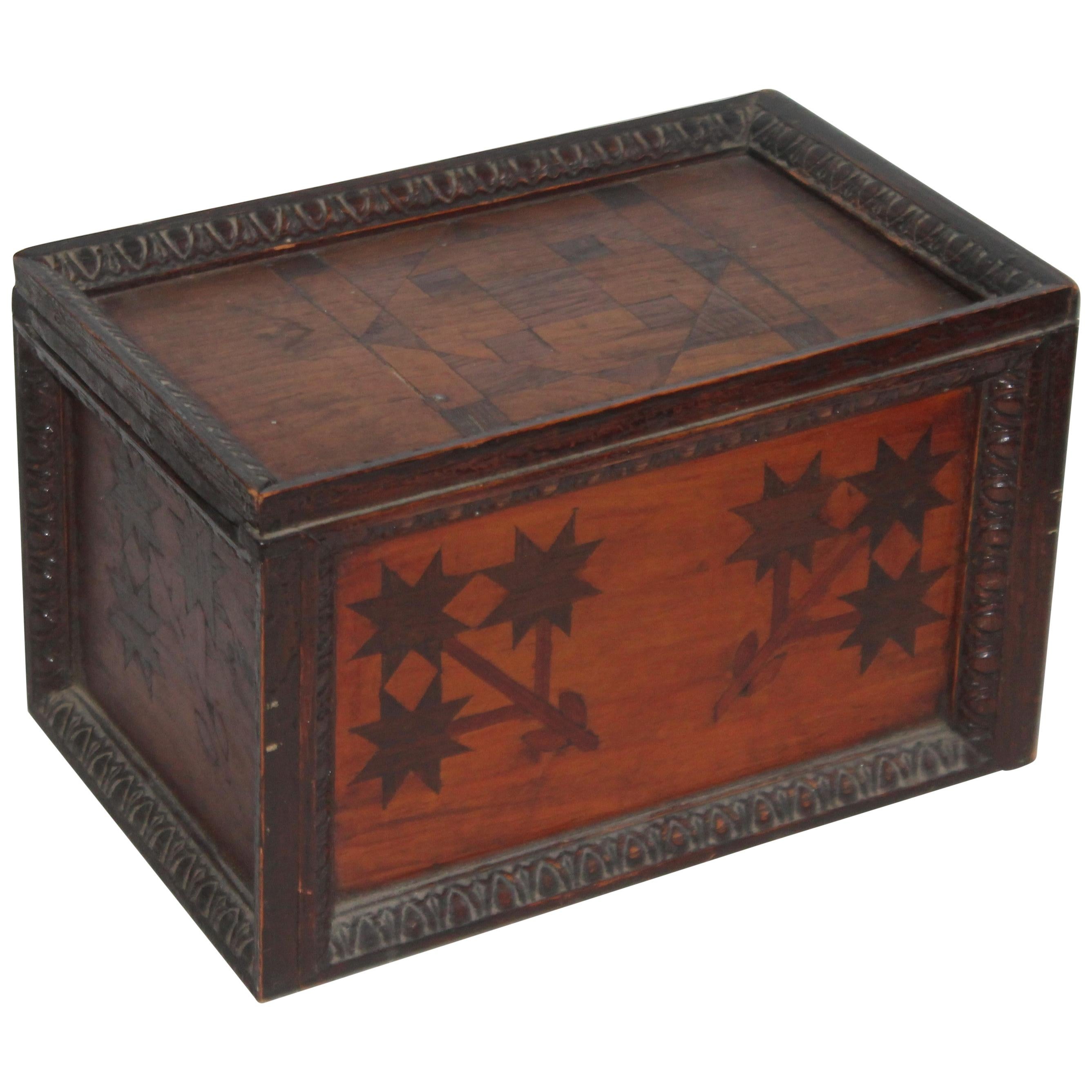 19th Century Inlaid Gaming Pieces Box with Slide Top