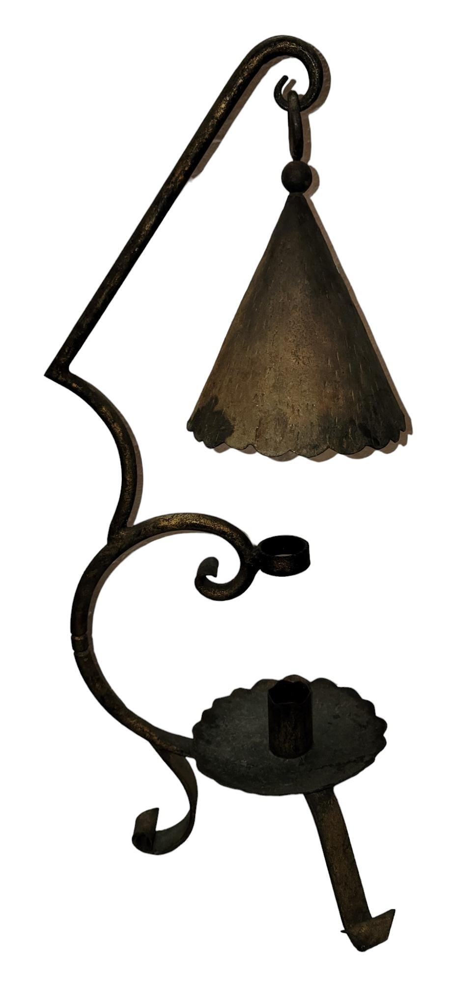 19thc Iron Candle Holder with hanging Diffuser. Measures approx - 10.5d x 10w x 27h
