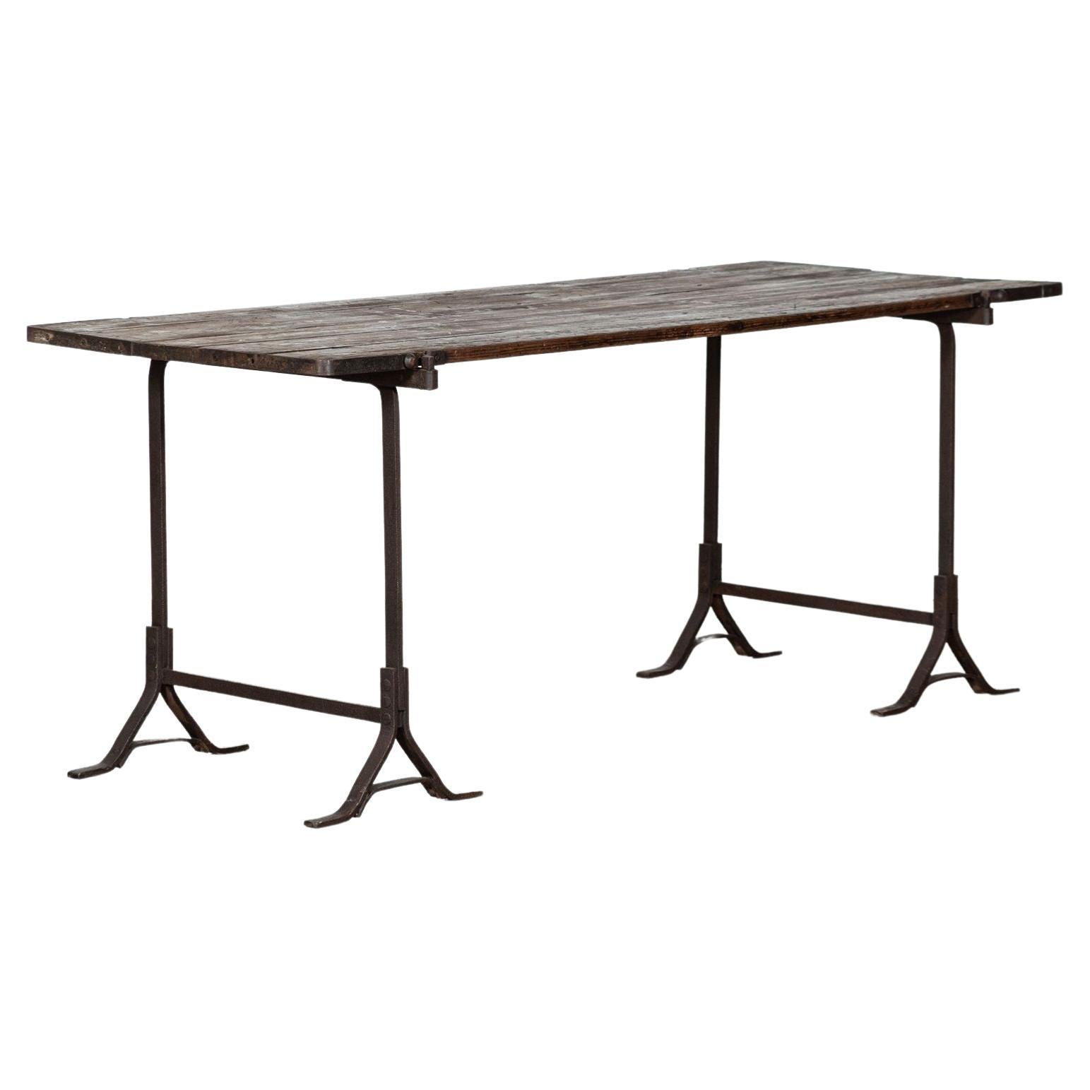 19th Century Iron & Pine Trestle Table