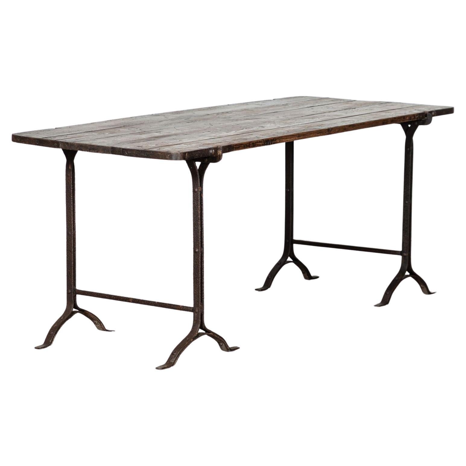 19th Century Iron & Pine Trestle Table For Sale