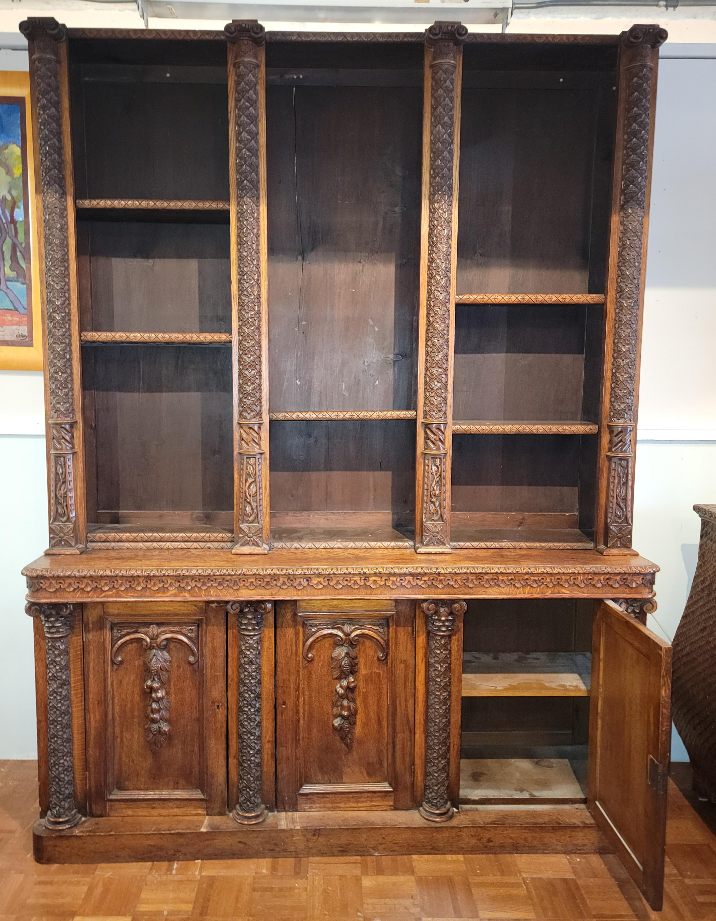 Wood 19thc Italian Hand Carved Bookcase Commode For Sale