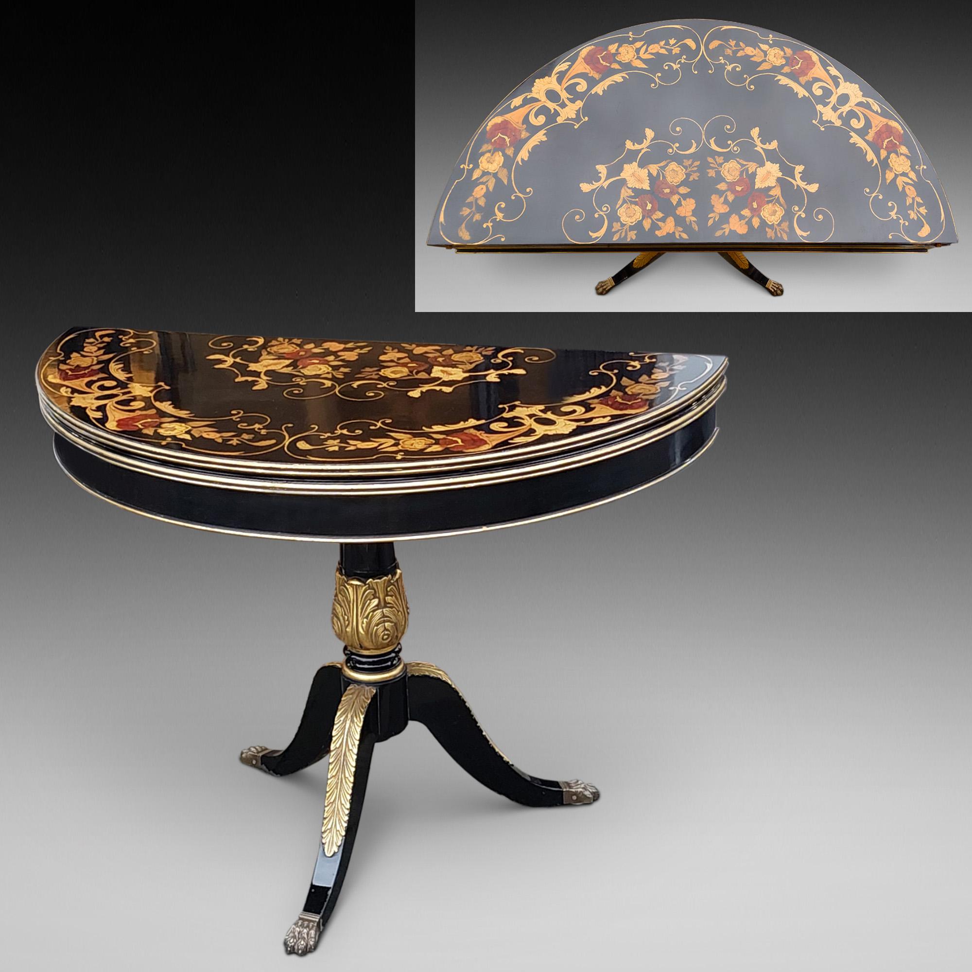 High Victorian 19thC Italian Parcel Gilt Marquetry Inlaid Ebonized Card Table For Sale