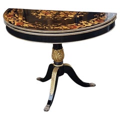 Table de poker italienne du 19ème siècle marquetée de dorures et incrustée d'ébène