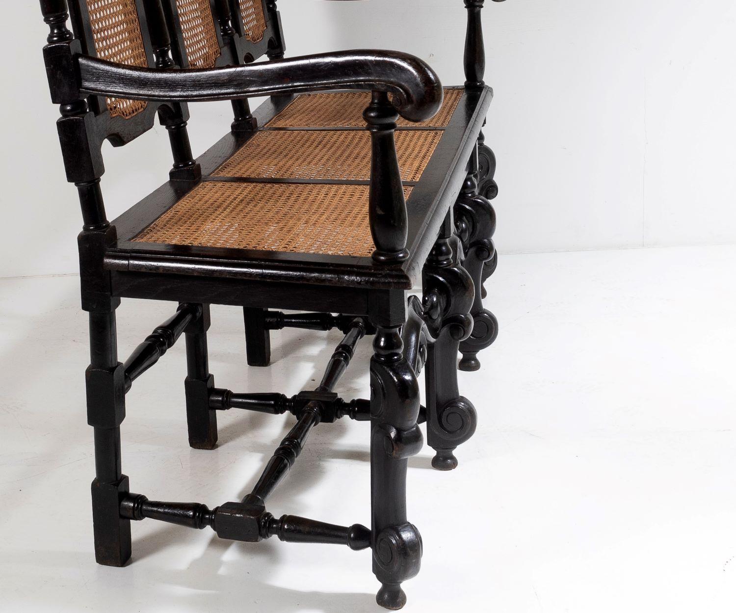 19th C Jacobean Renaissance Carved Oak High Back Cane 3 Seater Hall Bench Settee For Sale 5
