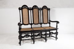 19th C Jacobean Renaissance Carved Oak High Back Cane 3 Seater Hall Bench Settee