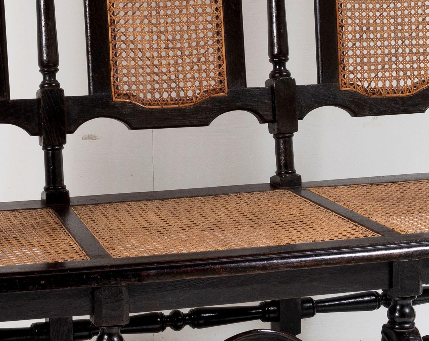 19th C Jacobean Renaissance Carved Oak High Back Cane 3 Seater Hall Bench Settee For Sale 2