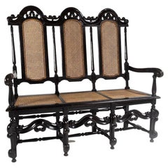19th C Jacobean Renaissance Carved Oak High Back Cane 3 Seater Hall Bench Settee