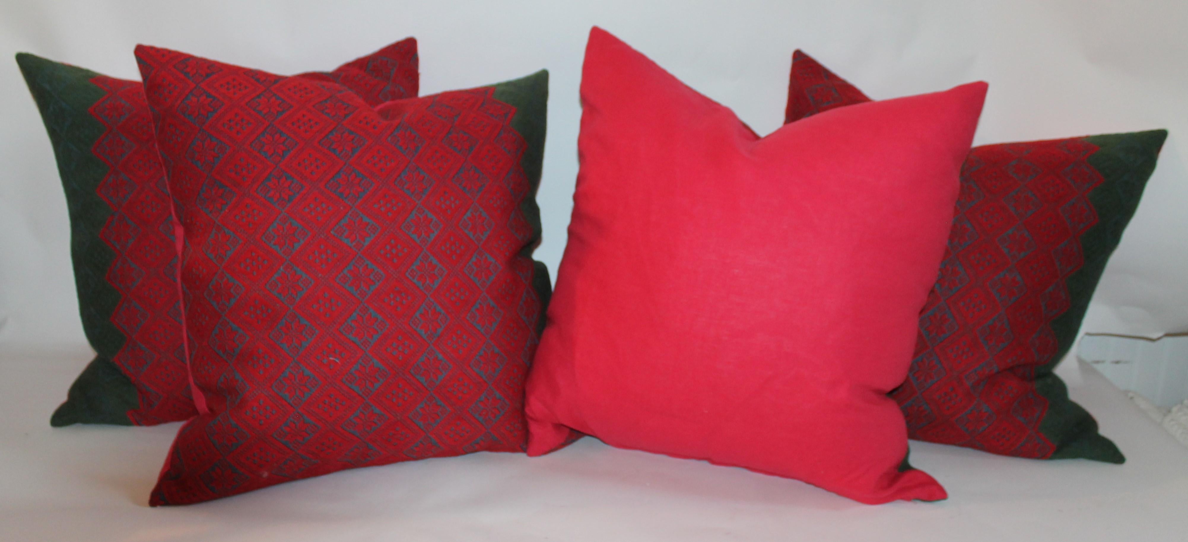Cotton 19th Century Jacquard Woven Coverlet Pillows, Collection of Four Pillows For Sale
