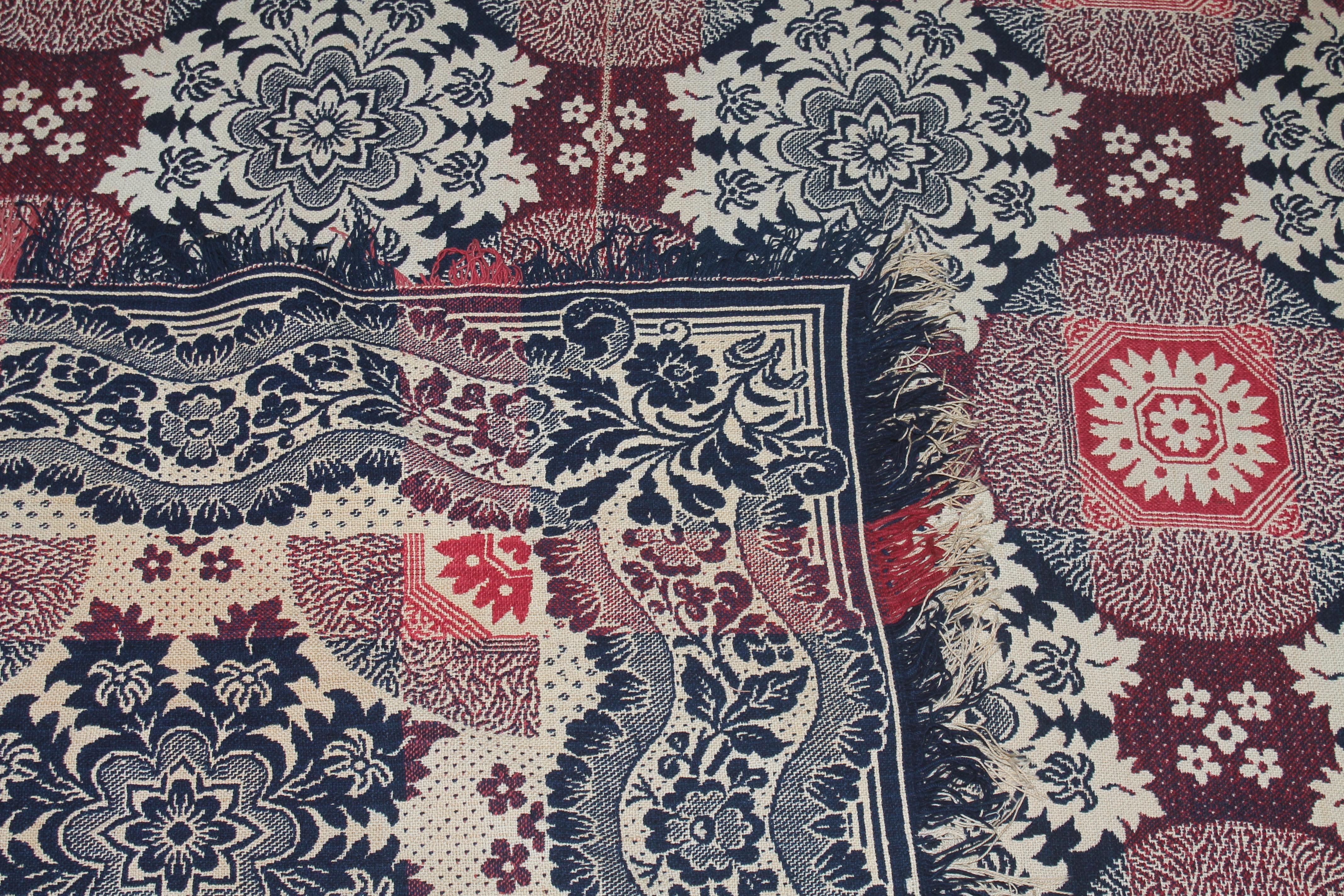 Mid-19th Century 19th Century Jacquard Woven Coverlet with Fringe For Sale