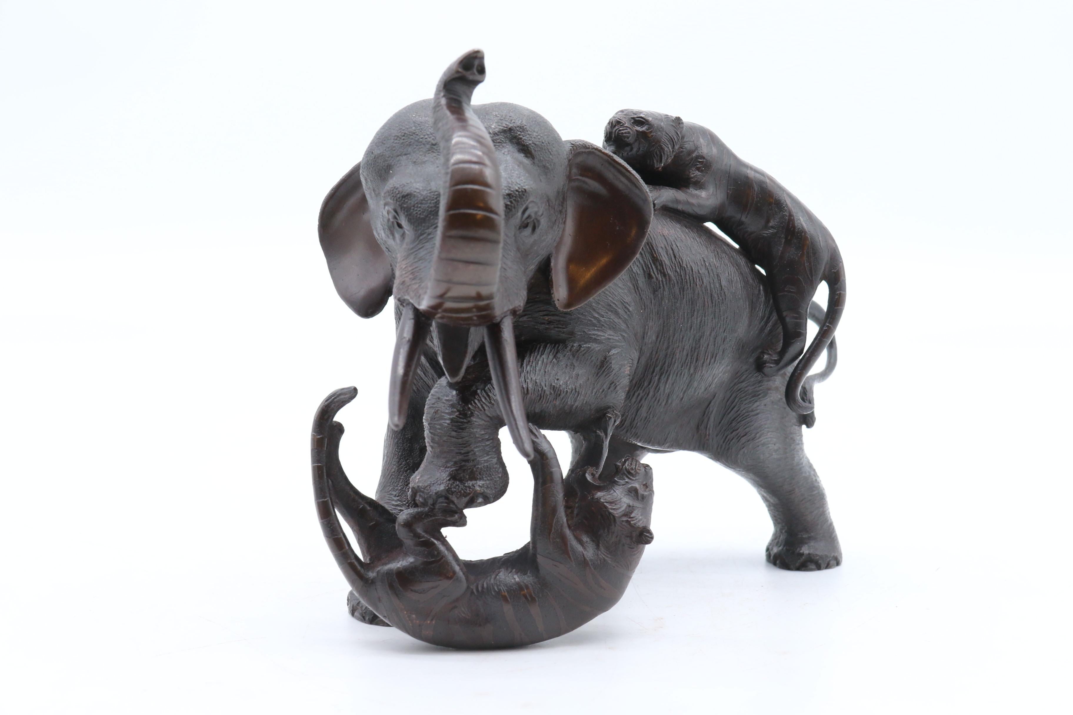 19thC Japanese Meiji Period Bronze Study of an Elephant Fighting with Two Tigers For Sale 8