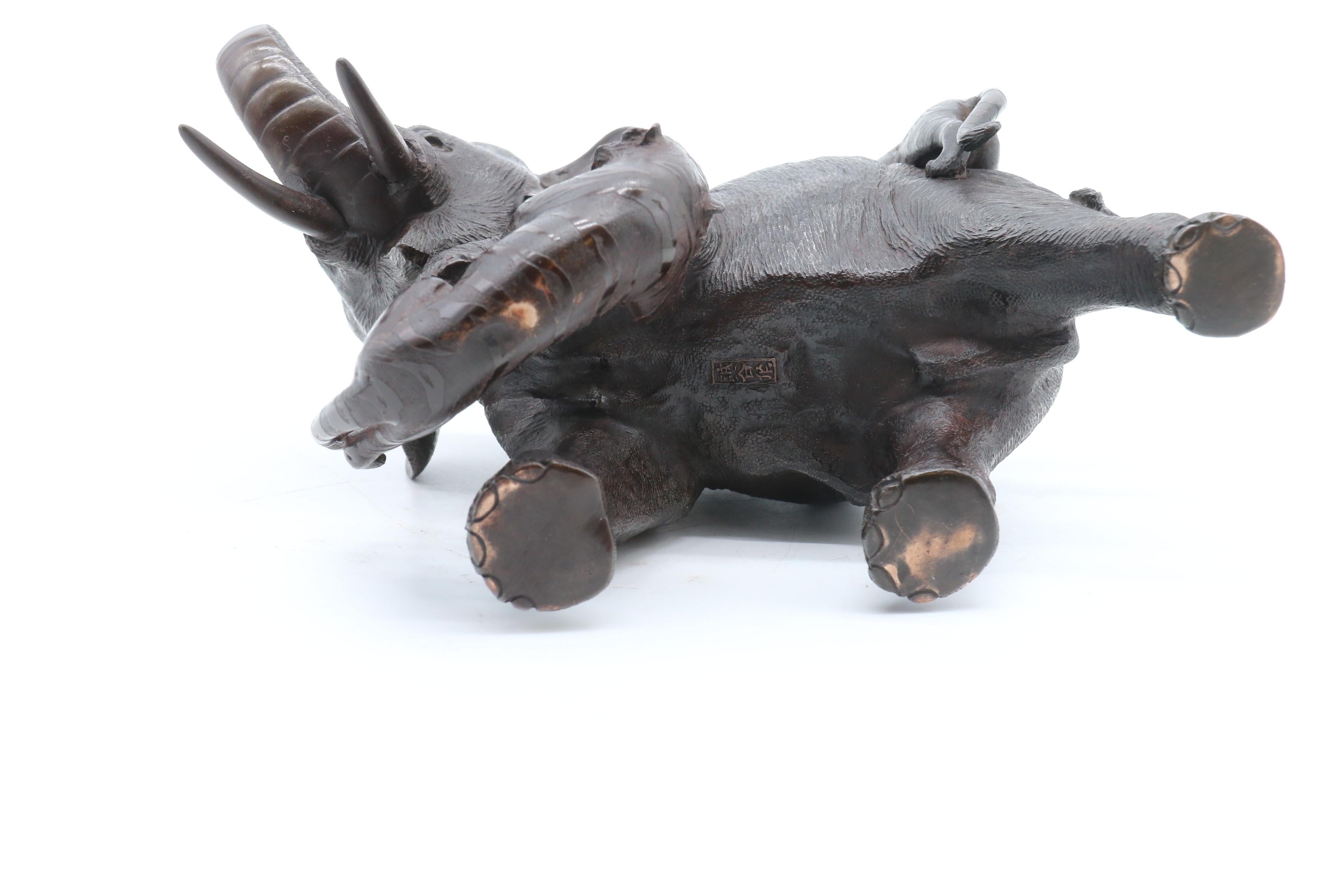 19thC Japanese Meiji Period Bronze Study of an Elephant Fighting with Two Tigers For Sale 9